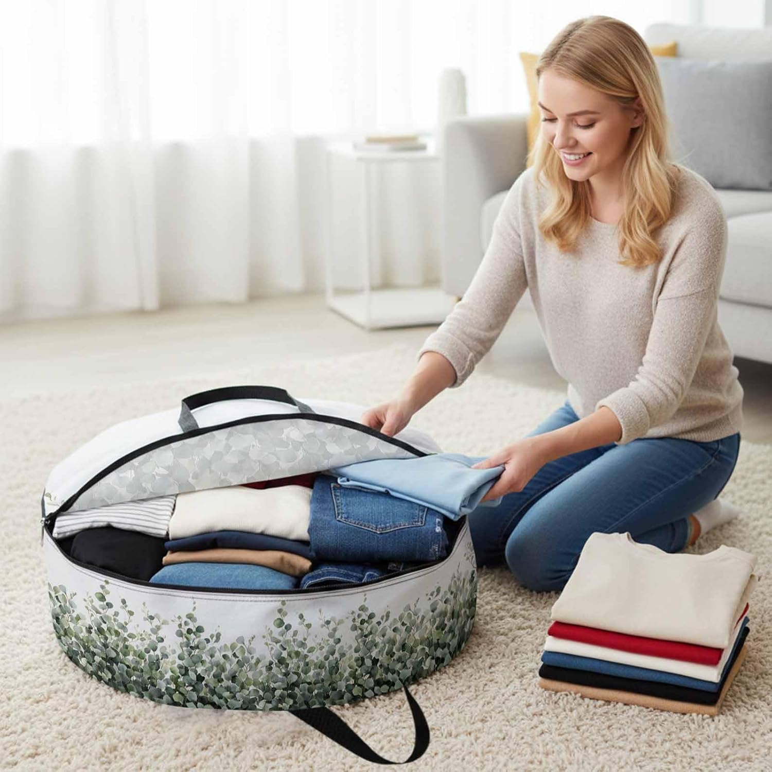 Summer Leaf Round Storage Bag 36 Inch, Plant Eucalyptus Leaf Watercolor Clothes Storage Container with Handles Heavy Duty Organizer for Comforter, Bedding & Holiday Wreaths