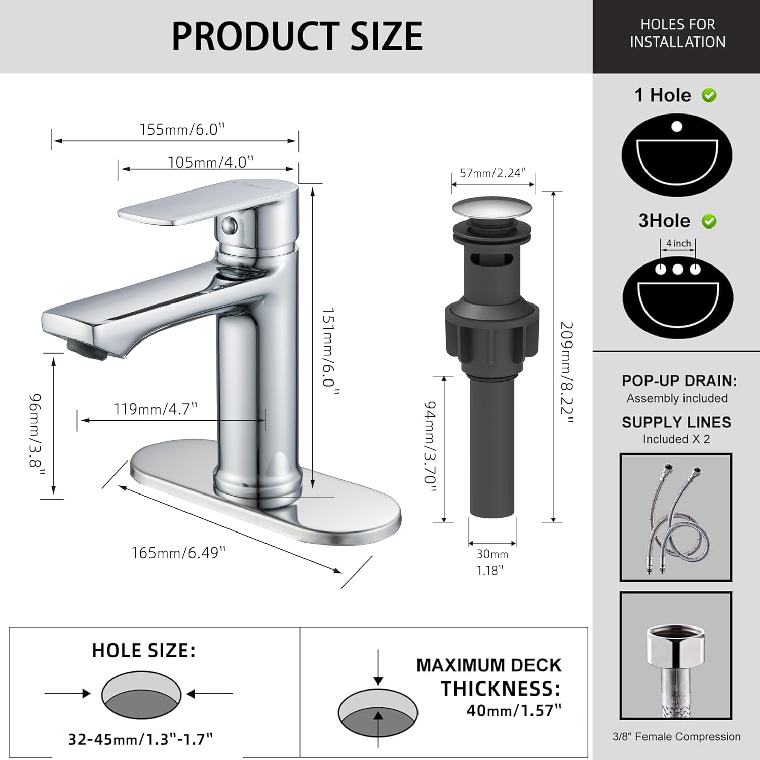 BELZ Chrome Bathroom Faucet, Modern Single Handle One Hole Bath Vanity Sink Faucets with Pop Up Drain and Deck Plate for 1 or 3 Holes - Image 2