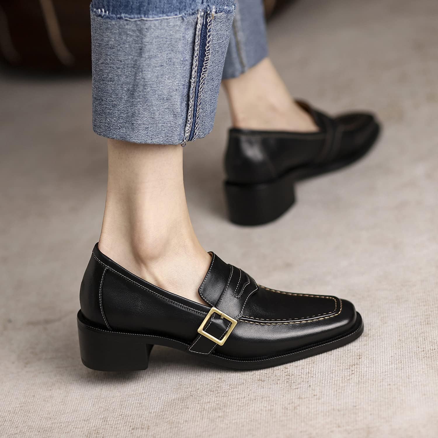 MOOMMO Women Classic Penny Loafers Closed Square Toe Patent Low Heel Loafers Slip On Metal Buckle 2" Chunky Heel Comfy Office Ladies Classic Dress Loafer Shoes Size 4-9 M US - Image 2