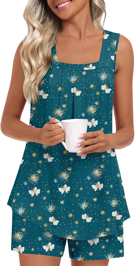 LONGYUAN Womens Sleeveless Pajama Set Soft Summer Lounge Shorts Tank Top Sleepwear with Pockets 2 Piece Set M-3XL