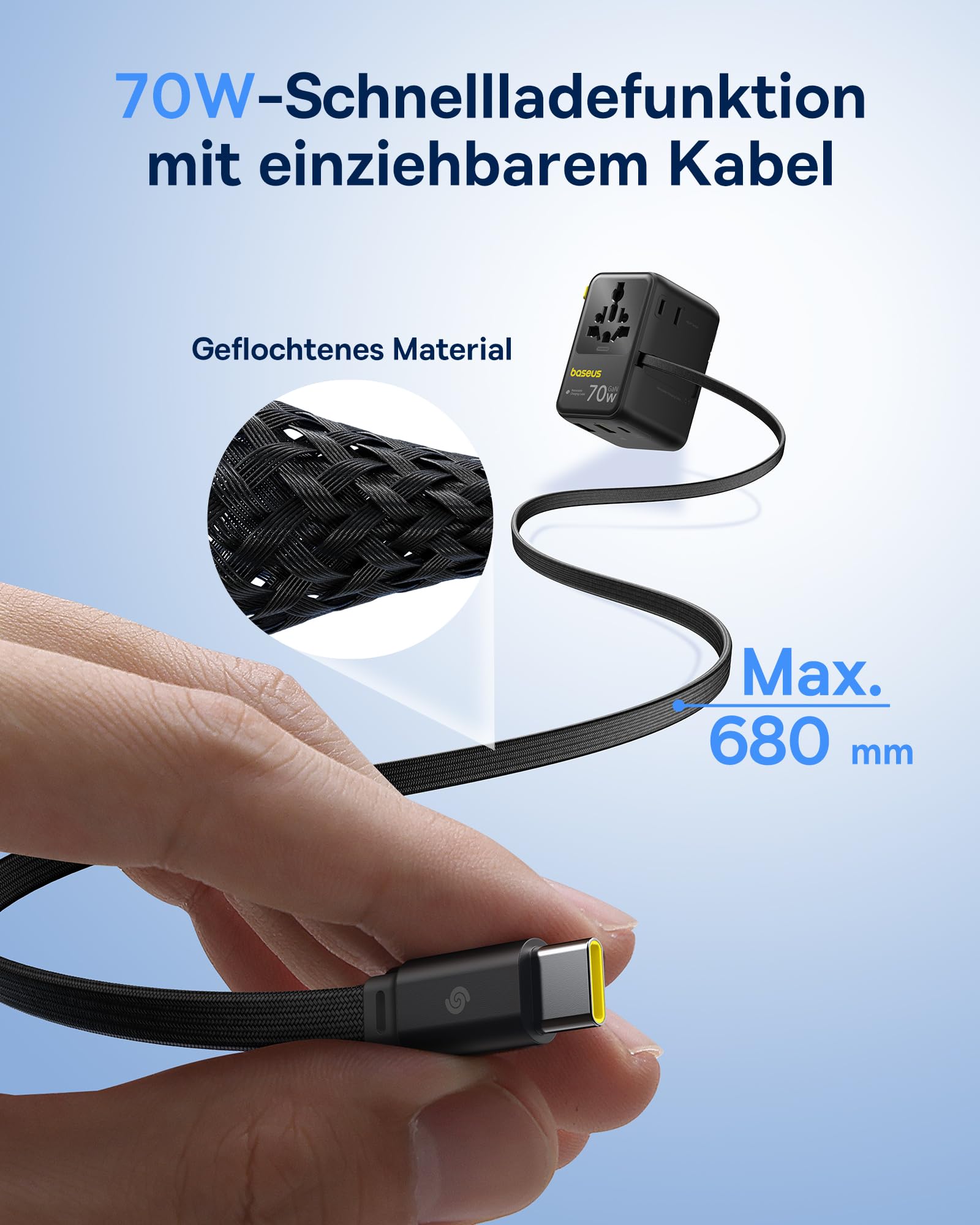 Baseus Enercore 70W Reiseadapter Weltweit mit Ausziehbarem Kabel, Universal Reisestecker mit 2AC+2USB A+USB C, Internationaler Steckdosenadapter, für USA England Japan Thailand Australien