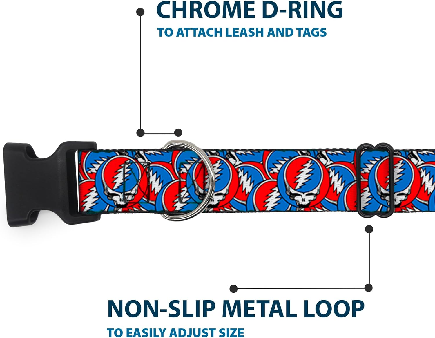 Grateful Dead Dog Collar with Plastic Buckle, Quick Release, Easy Adjustable, Steal Your Face Logo Stacked Red White Blue, 20 to 31 Inches 1.5 Inch Wide