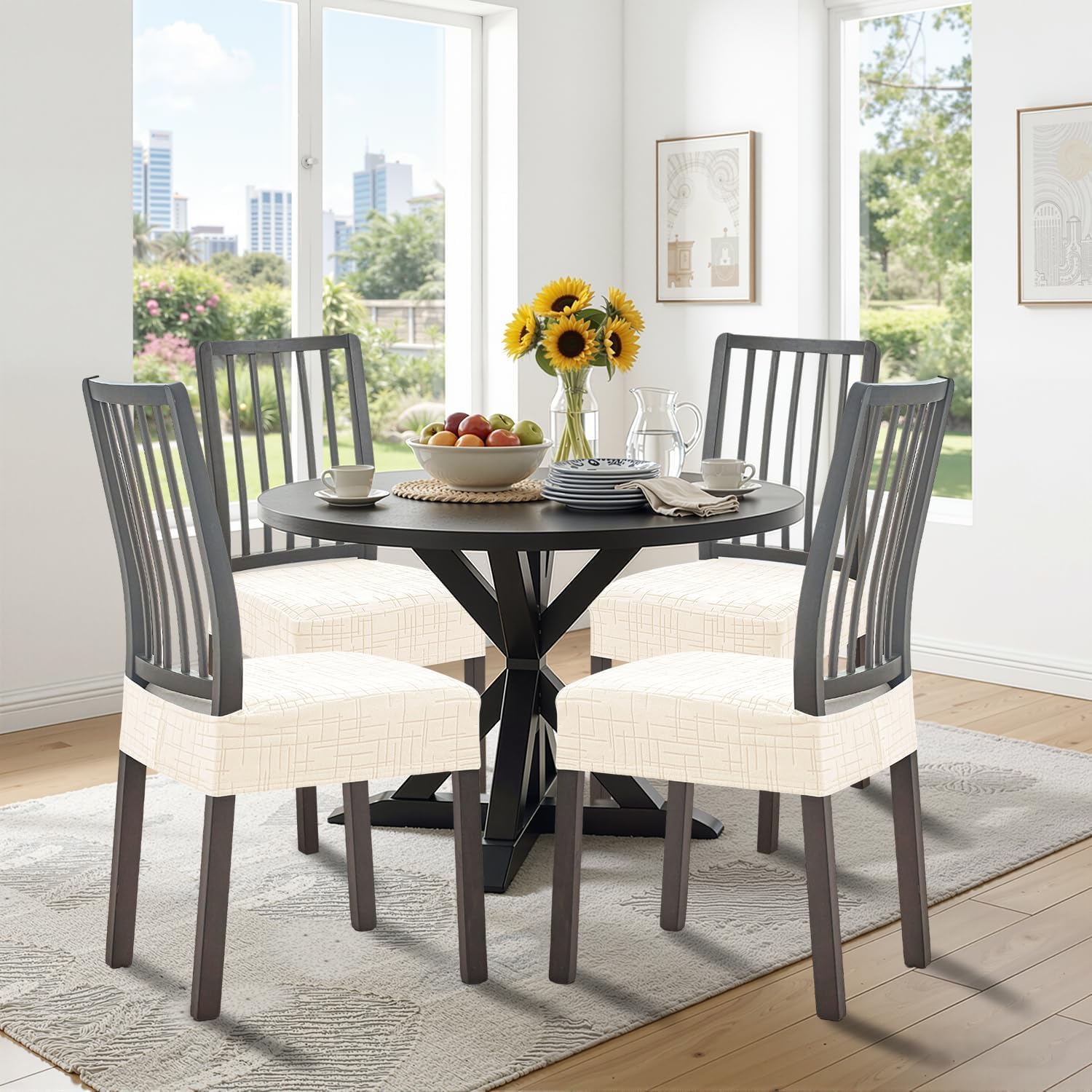 KRFOONN Stretch Seat Covers for Dining Room Chairs Set of 6 Jacquard No Rear Chair Covers Kitchen Chair Cover Removable Washable Chairs Seat Cushion Cover Chair Seat Slipcovers Protector, Beige