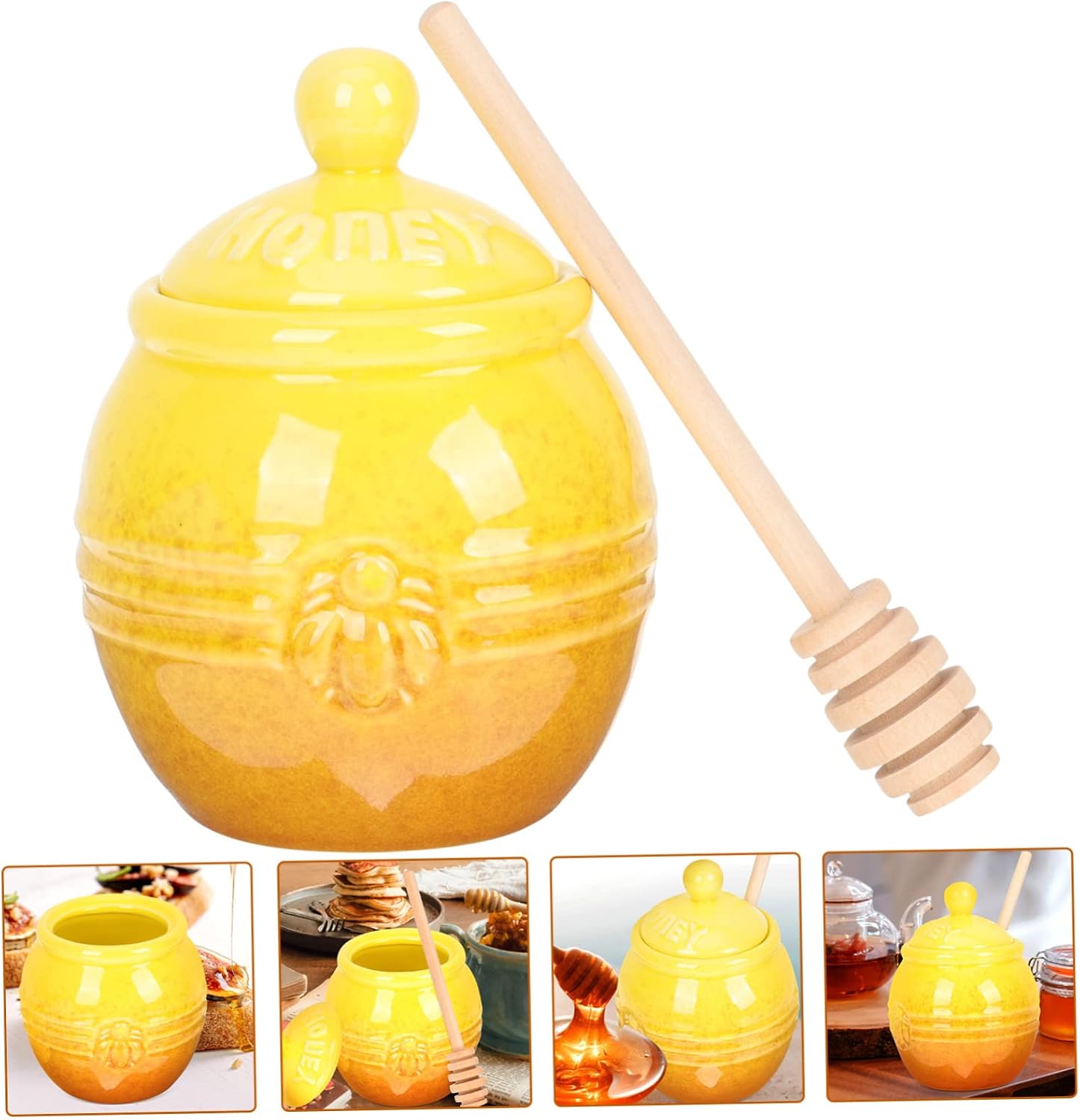 SHOWERORO Wide Mouth Mason Jar Honey Storage Jar Cute for Honey Syrup Wooden Dipper in Bulk