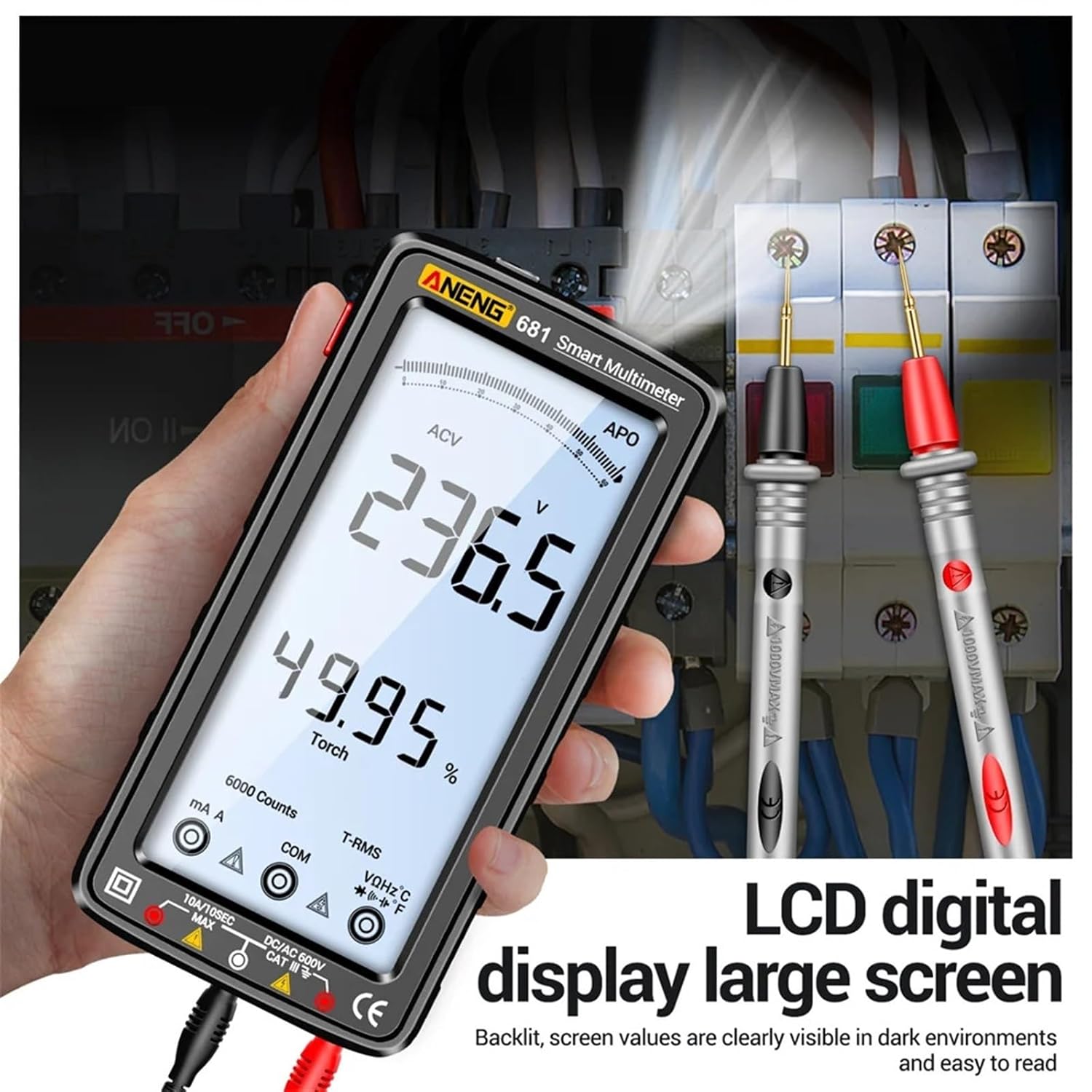 681/682/683 Multimeter 6000 Counts Digital Rechargeable AC/DC Voltage Tester Hz Diode Non-Contact Electric Current Tester(681 red pro)