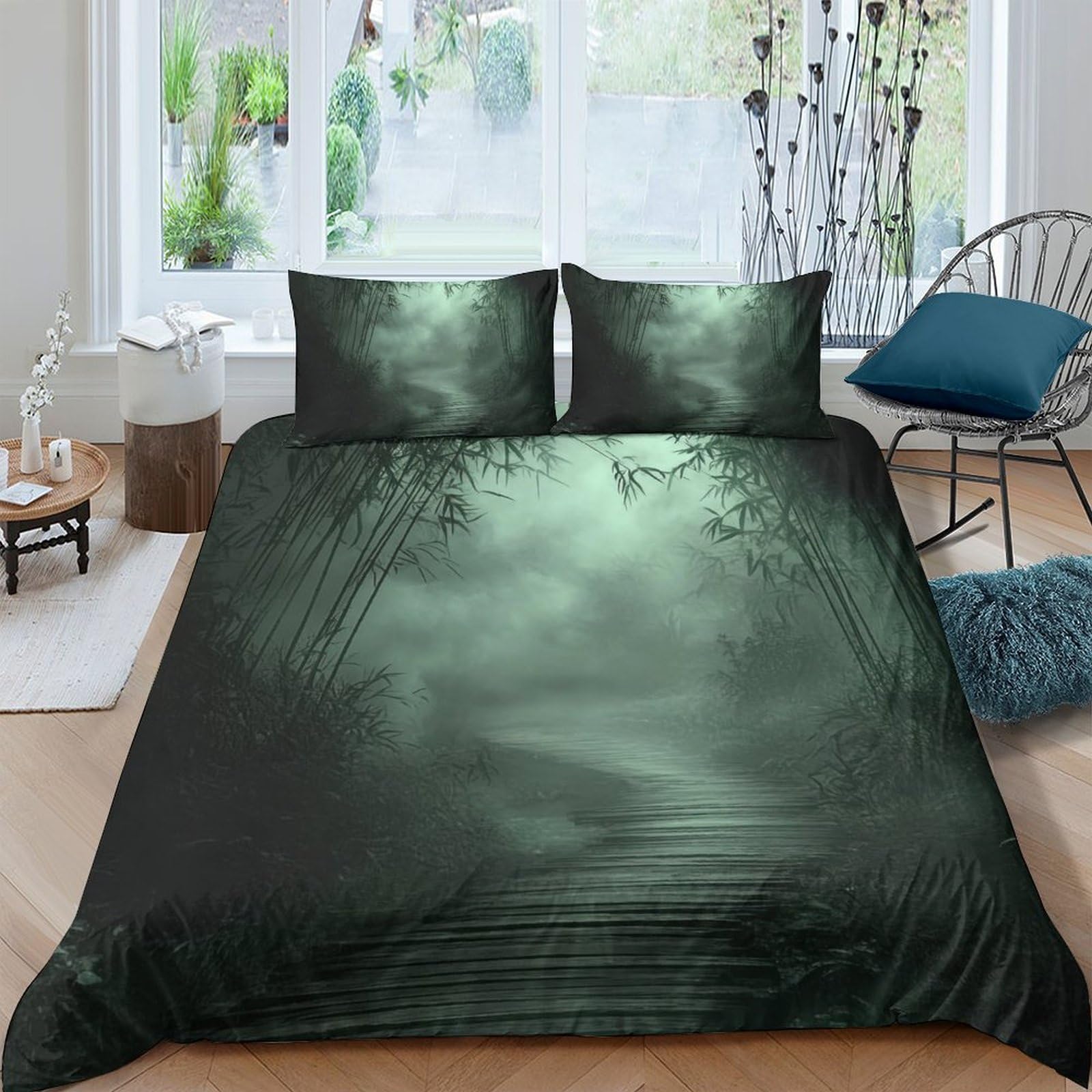 GPLZQXKJNH 3D Printed Forest Mist Duvet Cover Microfiber Soft Green Fog Bedding Set with 2 Pillowcases for Bedroom Decor Single（135x200cm）