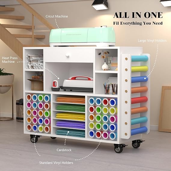 Craft organization and storage Cart Compatible with Cricut Machine, Rolling Craft Organizer with large drawer & 48 Vinyl Roll Holder, Crafting Cabinet Table Workstation for Craft Room Home