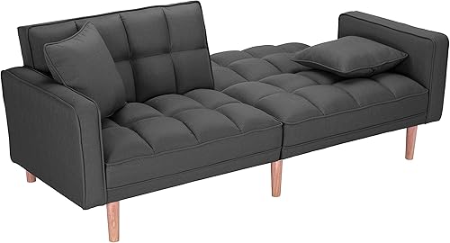 Miniatura 5 de Sofá cama futón convertible, moderno sofá cama plegable tapizado de lino con dos almohadas, sofá cama de 75 pulgadas para sala de estar, dormitorio,