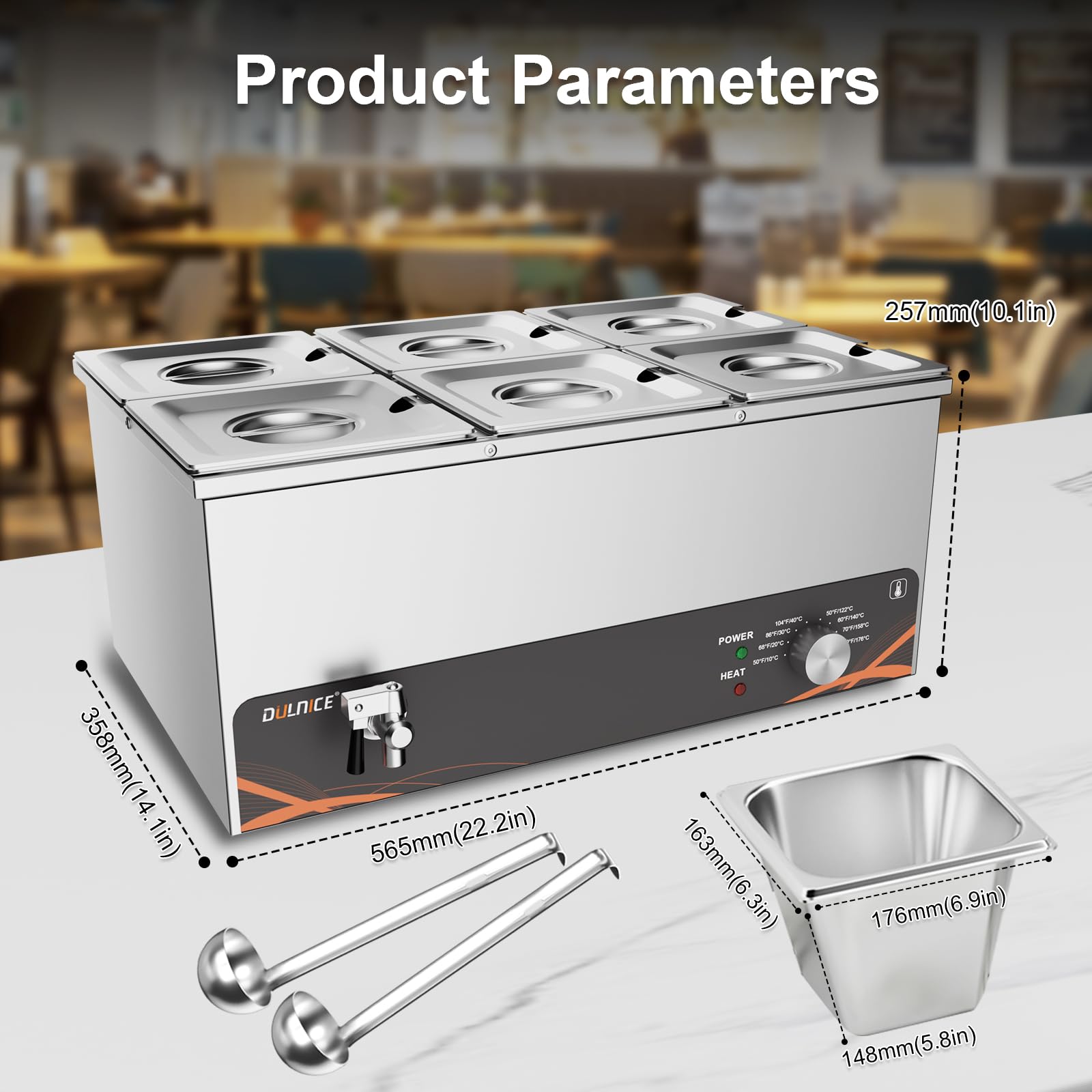 Scaldavivande Elettrico bagnomaria Bain Marie Professionale, pomello in Metallo, Acciaio Inossidabile per Buffet con 6X 1/6 Pentole con coperchi, con 2 Cucchiaio da Minestra, con Rubinetto
