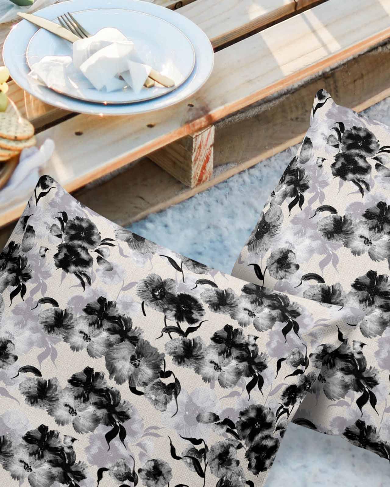 Outdoor Waterproof Pillow Covers Set of 2, Plants Floral Black Flowers Hand Painted Style Linen Texture Patio Throw Pillow Covers, Decorative Cushion Case for Couch Sofa Furniture Garden, 16x16 Inch