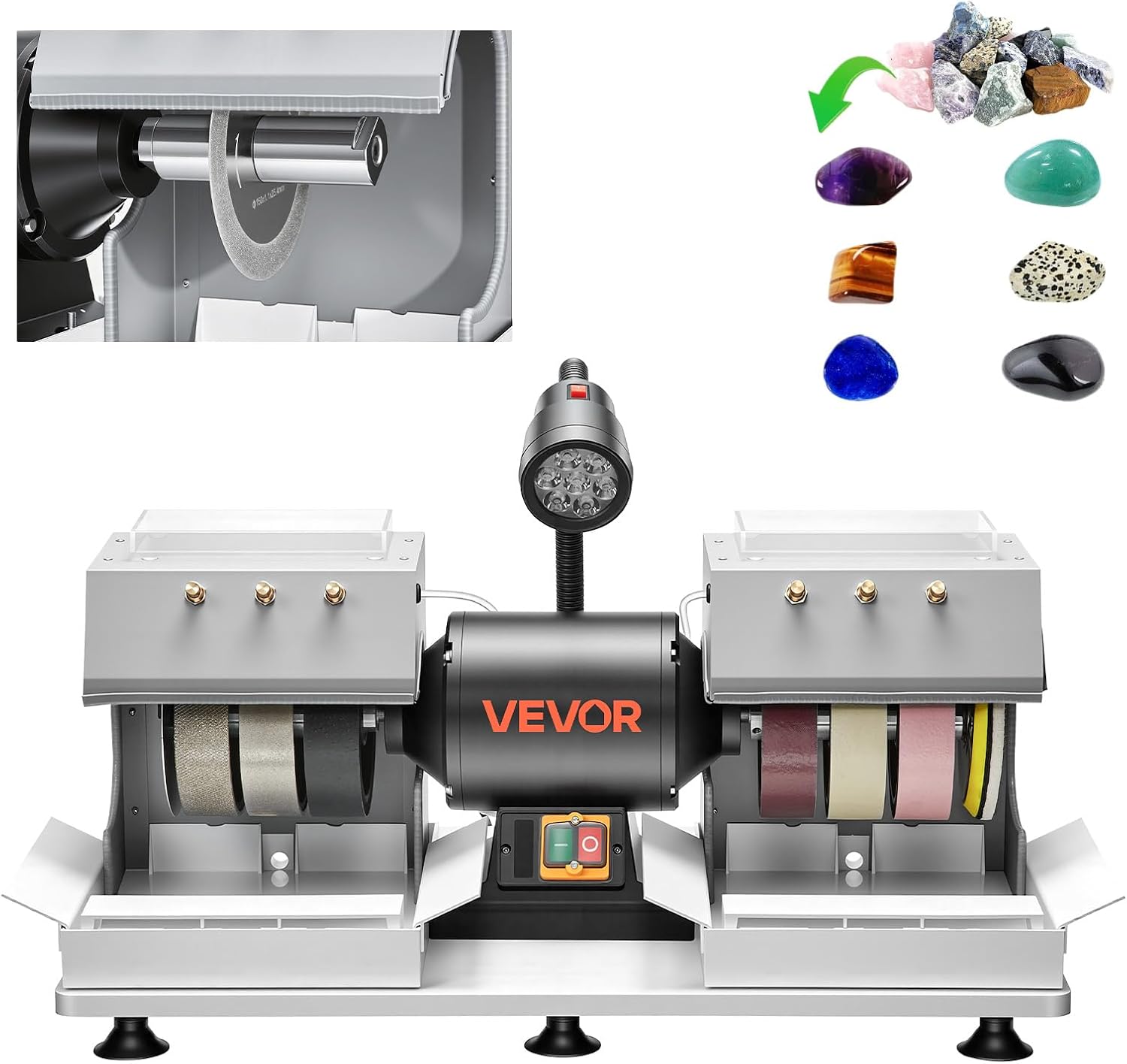 VEVOR Cabbing Machine, 6" 2/5 HP 1800 RPM Efficient, Lapidary Rock Grinder Polisher with Diamond and Resin Wheels, LED Lamp, Water System, Lapidary Equipment for Gemstone Grinding, Stone Polishing