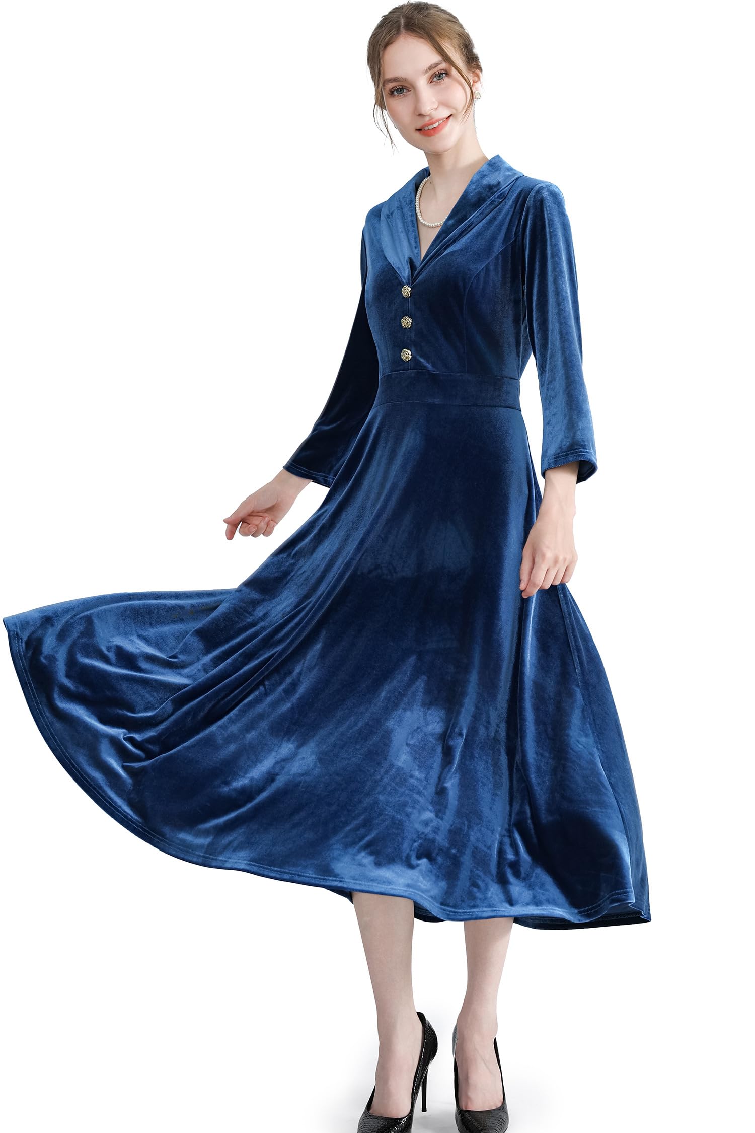 AXOE Femme Robe Velours Elegant Vintage Midi Manches 3/4 Vêtements Hiver Soiée Fete Mariage Invité