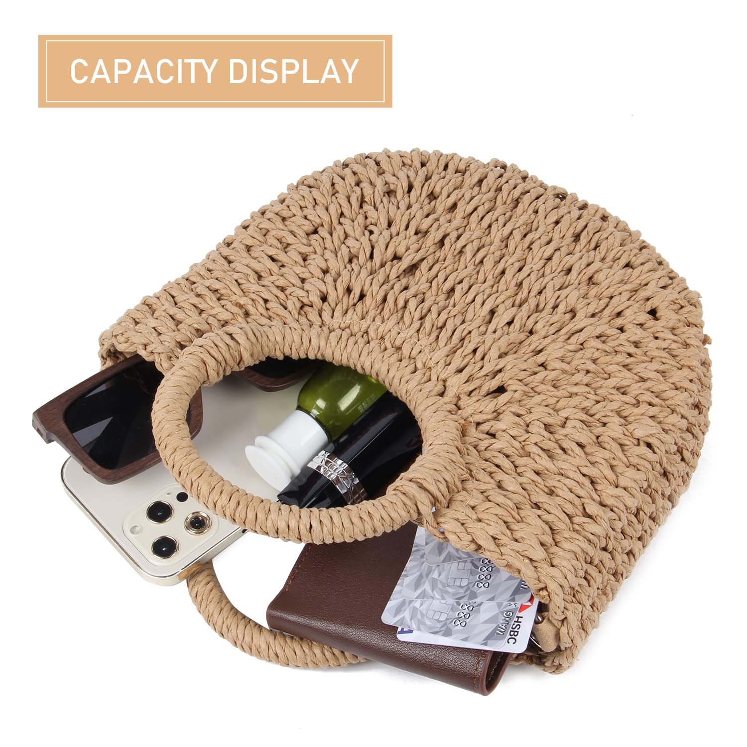 Borsa da spiaggia da donna in paglia Borsa a mano Hobo con manico rotondo Borse estive intrecciate a mano Borsa piccola con cinturini