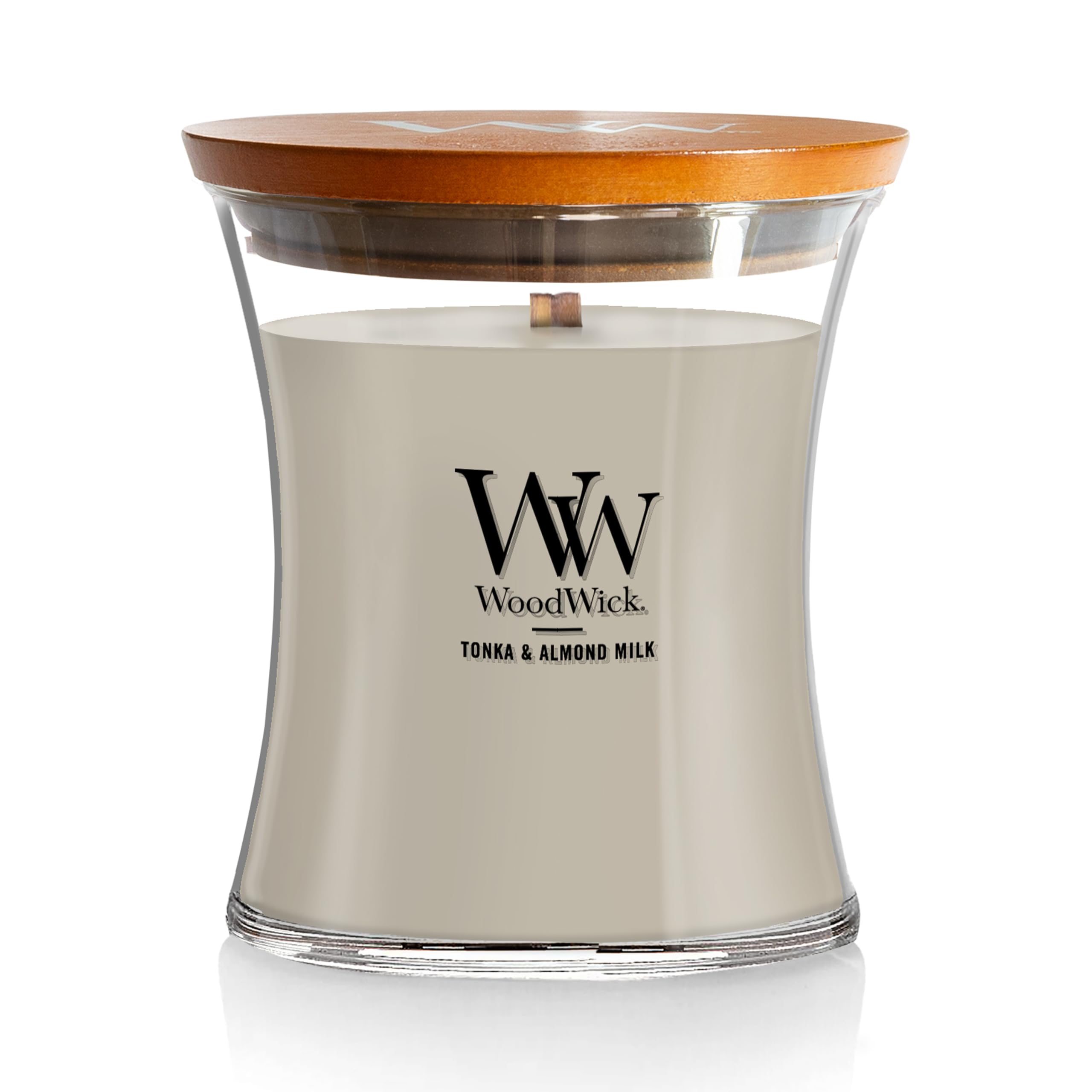 Bougie sablier moyenne WoodWick amande tonka pour odeur douce