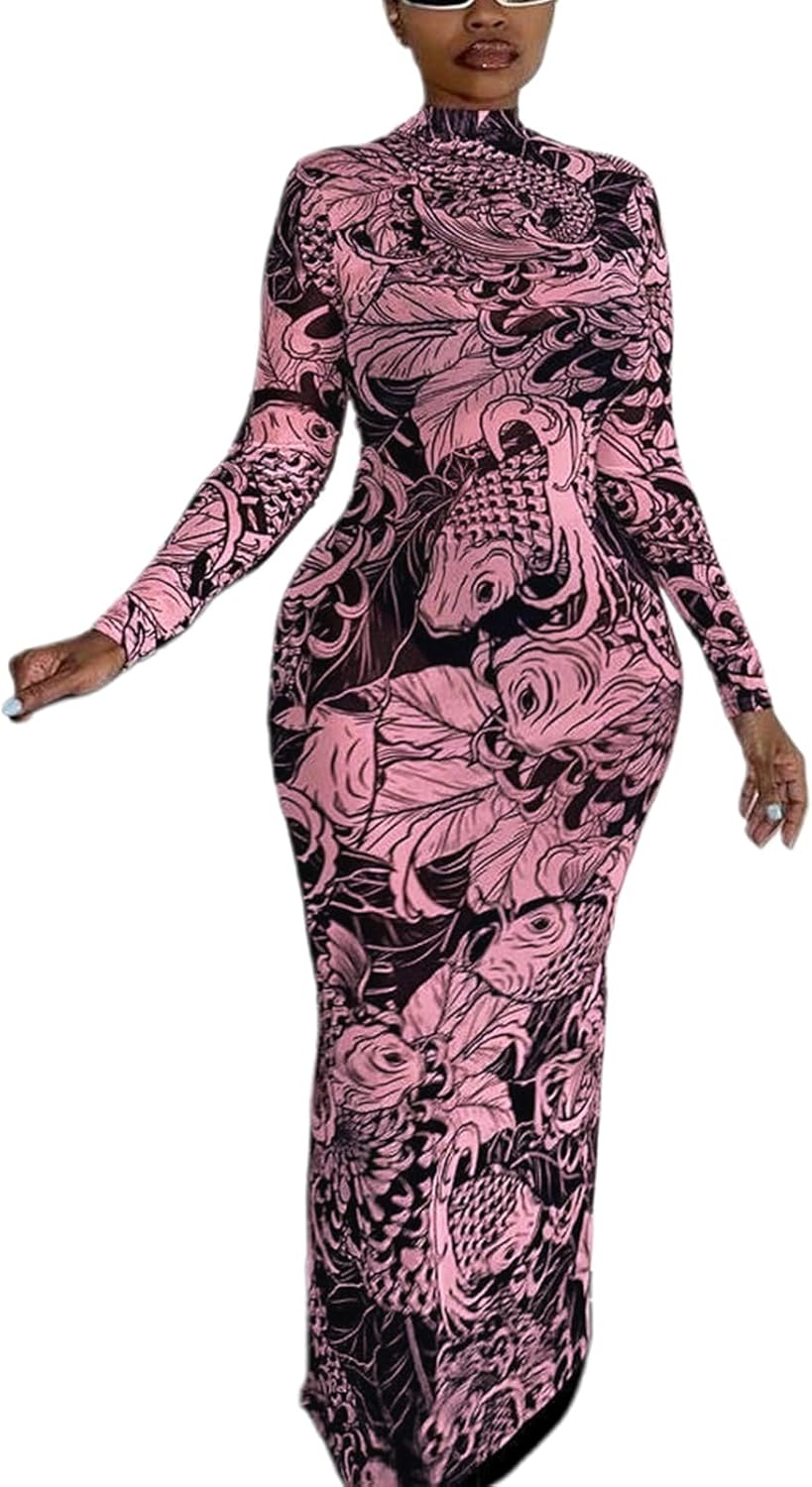 acelyn Women Sexy Mesh Maxi Dress Summer Long Sleeve Printed Ruched Bodycon Long Dress Y2K Formal Wedding Guest Dresses