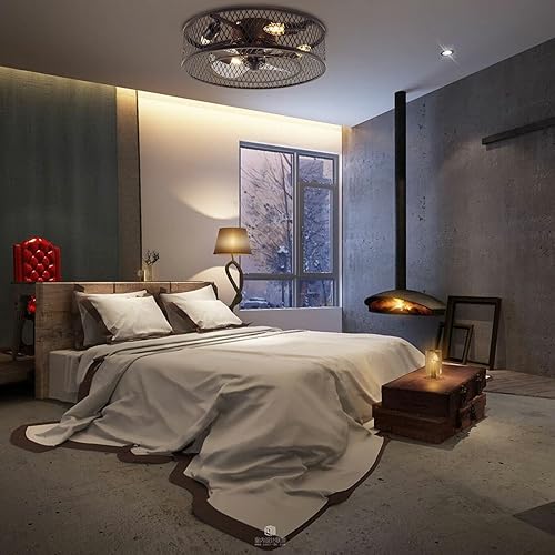 Miniatura 3 de Ventilador de techo cerrado, ventilador de techo moderno enjaulado de 18 pulgadas, 60 W, control remoto ajustable de 3 velocidades con luz LED para