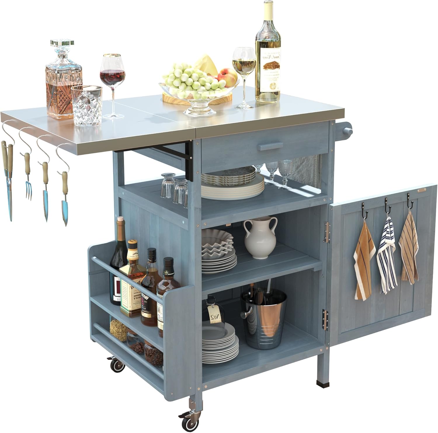 40.5" Outdoor Grill Cart with Stainless Steel Top, Solid Wood Storage Cabinet with Drop Leaf & Drawer, Rolling Kitchen Cart with Towel Rack & Lockable Wheels for Lawn & Garden, Blue