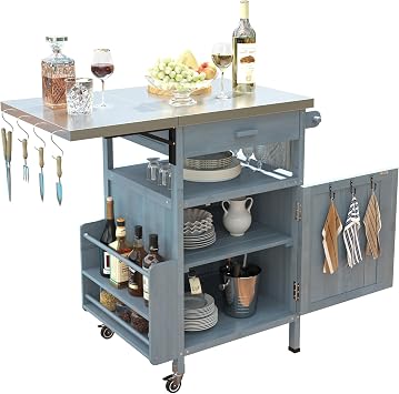 40.5" Outdoor Grill Cart with Stainless Steel Top & Drop Leaf, Solid Wood Storage Cabinet with Lockable Wheels, Drawer, Towel Rack, Removable Shelf for Lawn Garden Patio Blue Grey