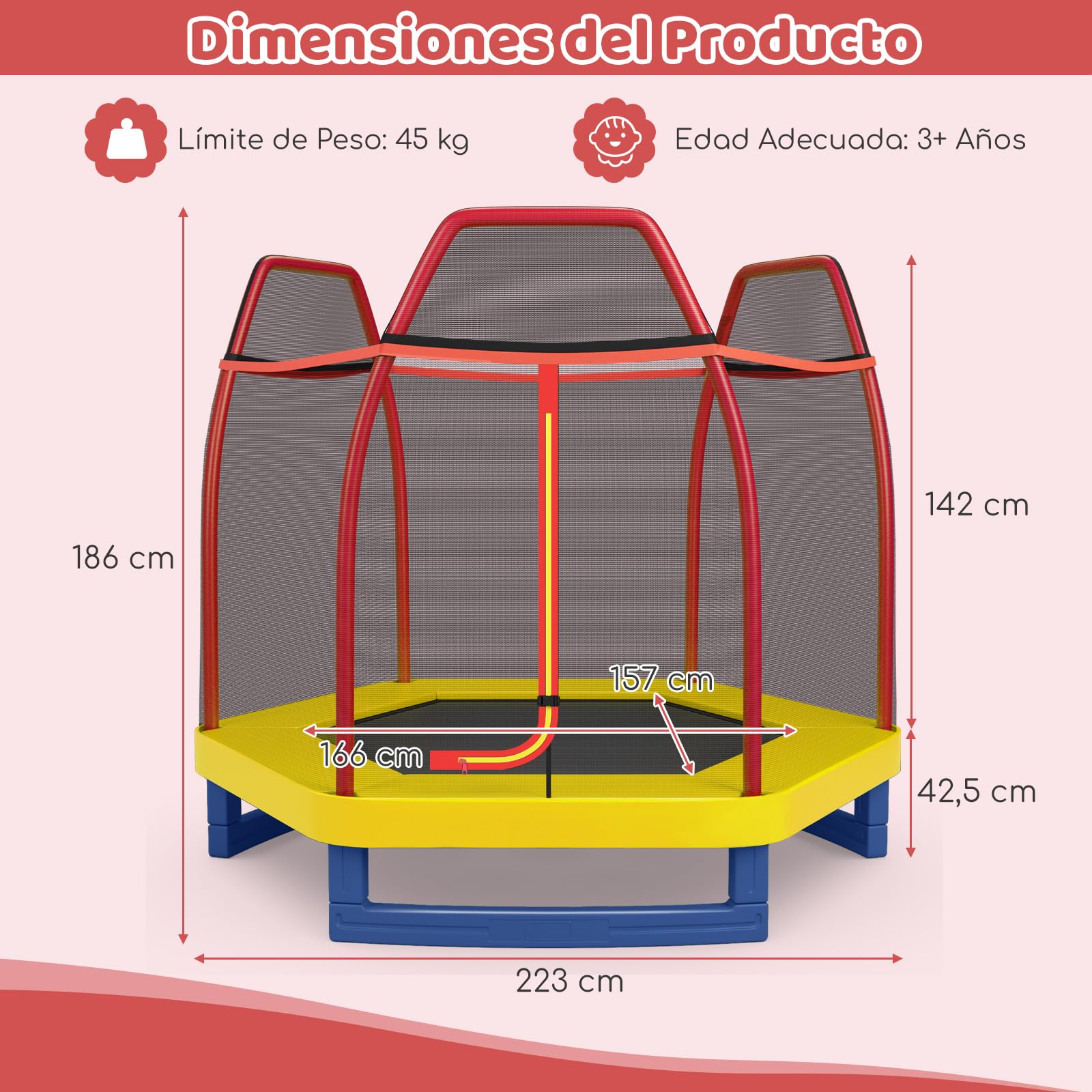 COSTWAY Cama Elástica 223 cm para Niños con Red de Seguridad y Almohadilla de Muelle, Trampolín para Interior y Exterior con Estructura en Acero Galvanizado, Carga Máxima 45 kg