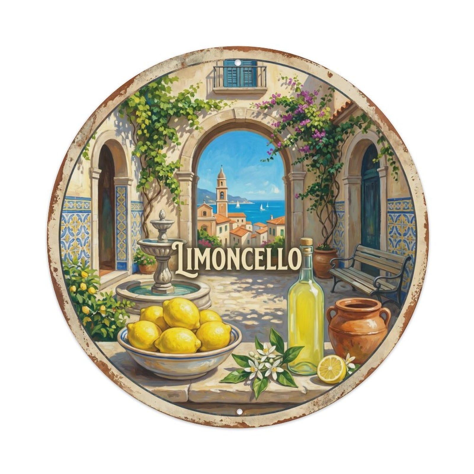 Authentic Limoncello Courtyard Vintage Metal Tin Sign Plaque Wall Decor for Cafe, Club, Garden Round Metal Poster 8x8Inch