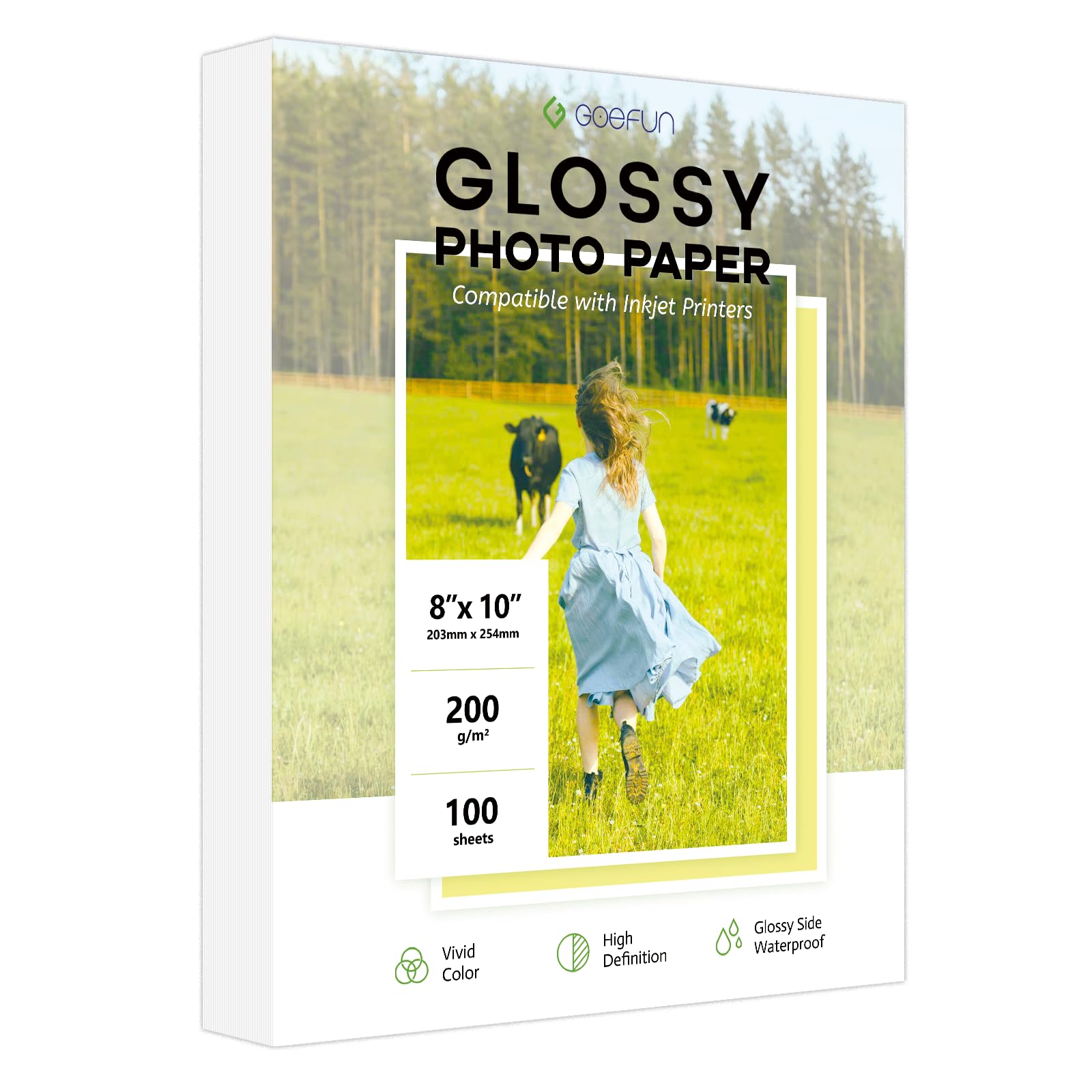100 Sheets Glossy Photo Paper 8x10, Goefun 200GSM/54LB Inkjet Printer Paper for Dye Ink