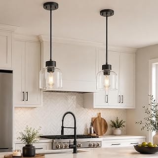 2-Pack 7" Pendant Lights Kitchen Island, Matte Black, Clear Glass