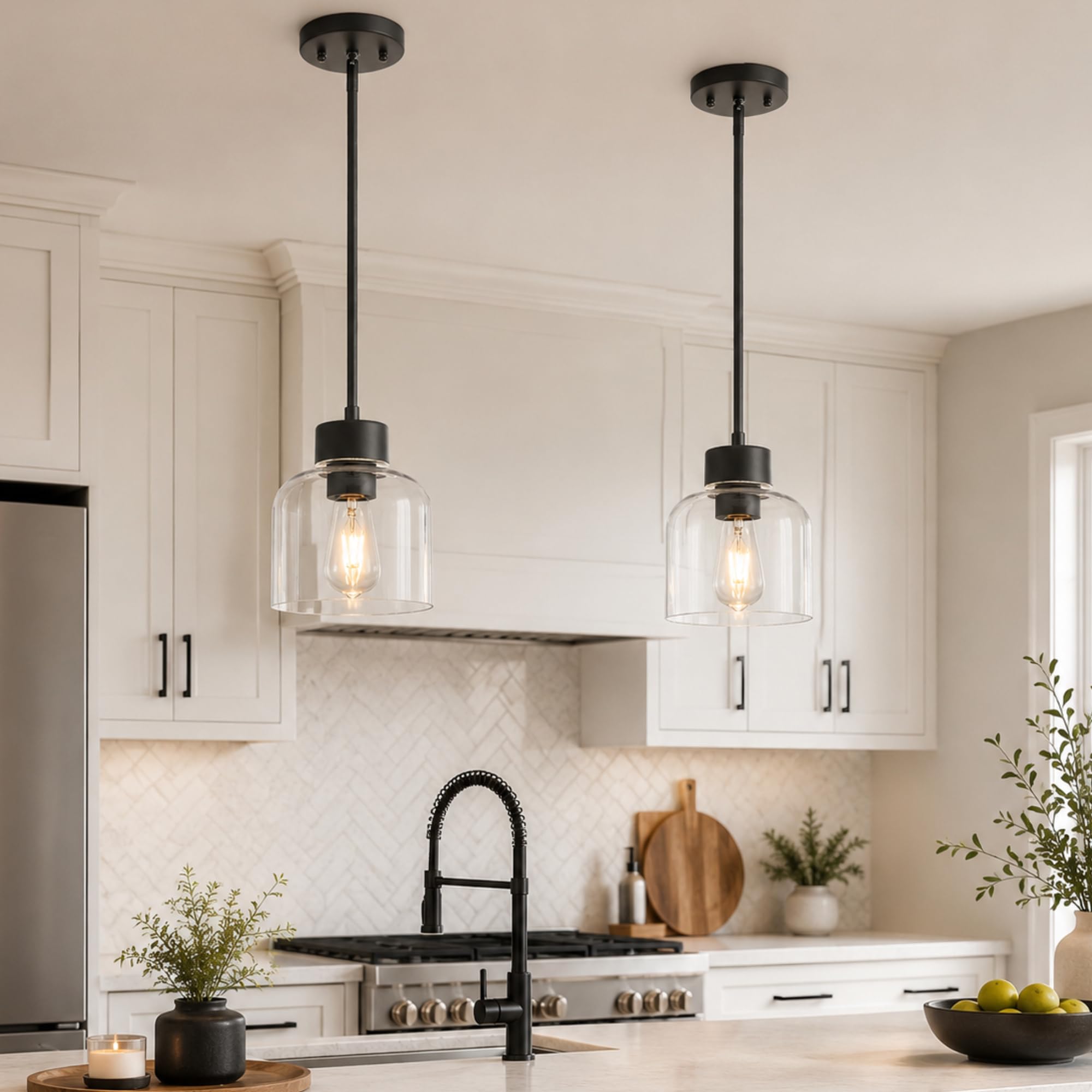 Photo 1 of Audickic 2-Pack Pendant Lights Kitchen Island, 7" Matte Black Hanging Lights Fixtures with Clear Glass Shade, Modern Kitchen Pendant Lighting Over Island for Dining Room, AD-24024-1P2-BK