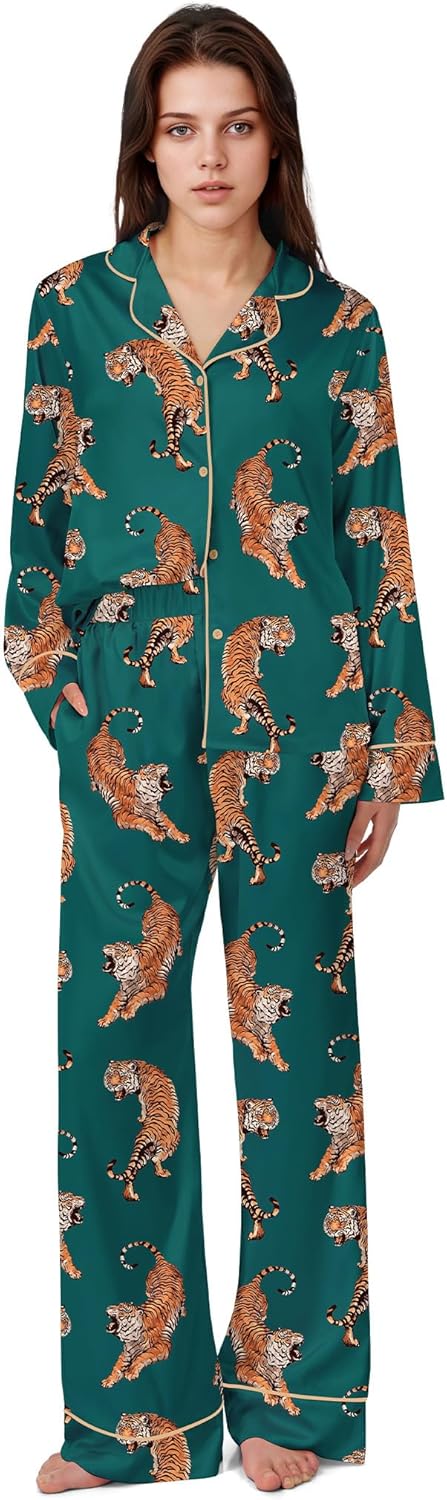 SHESHOW Satin Pajamas Set for Women Set Long Sleeve Button Down Pjs Sets 2 Piece Loungewear Animal Sleepwear XS-XXL - Image 5