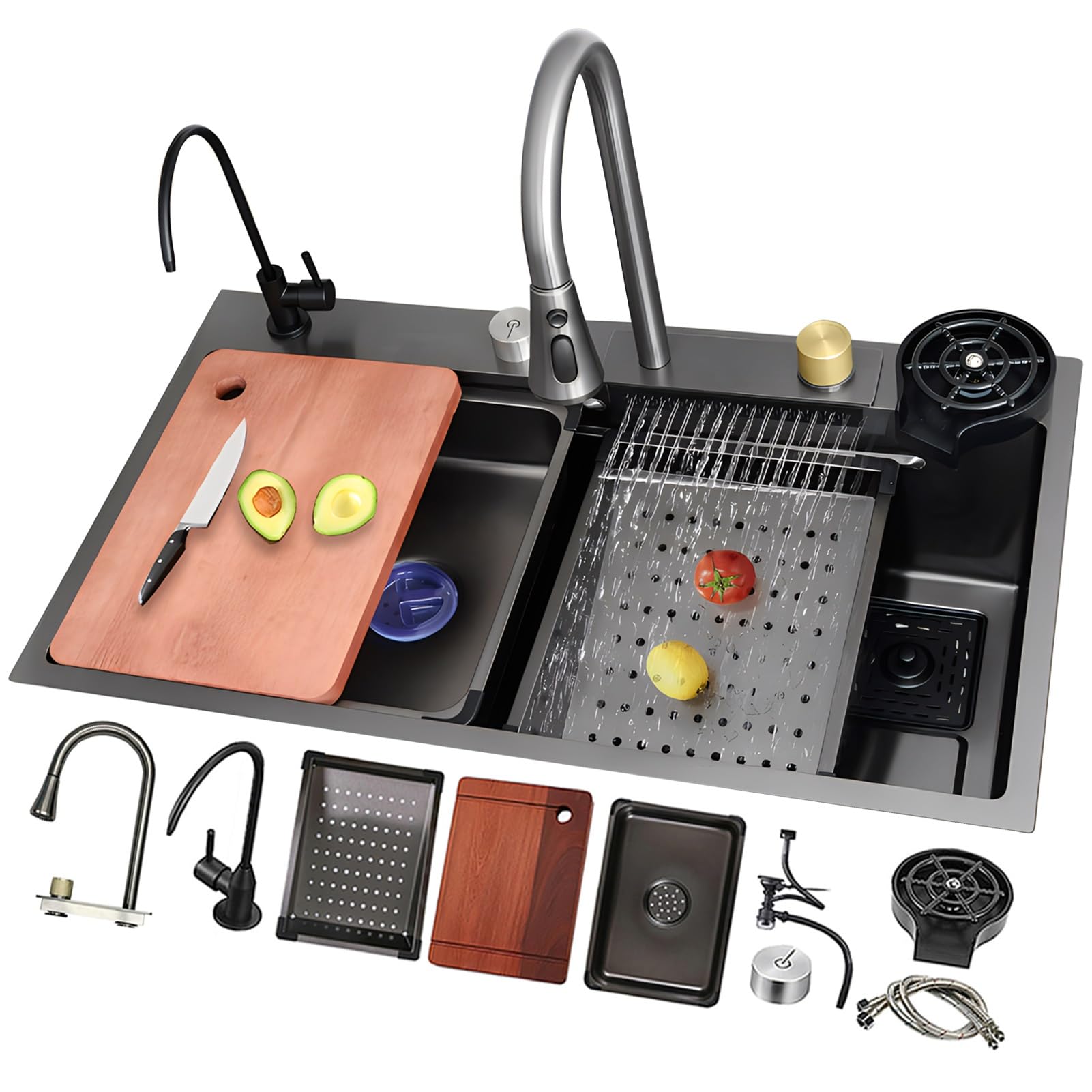 Fregadero De Cocina De Acero Inoxidable De Montaje Superior De Color Gris Negro, Estación De Trabajo Con Barra En Cascada De Gran Capacidad, Salida De Drenaje Derecha, Tazón Único Nano Para El Hogar,