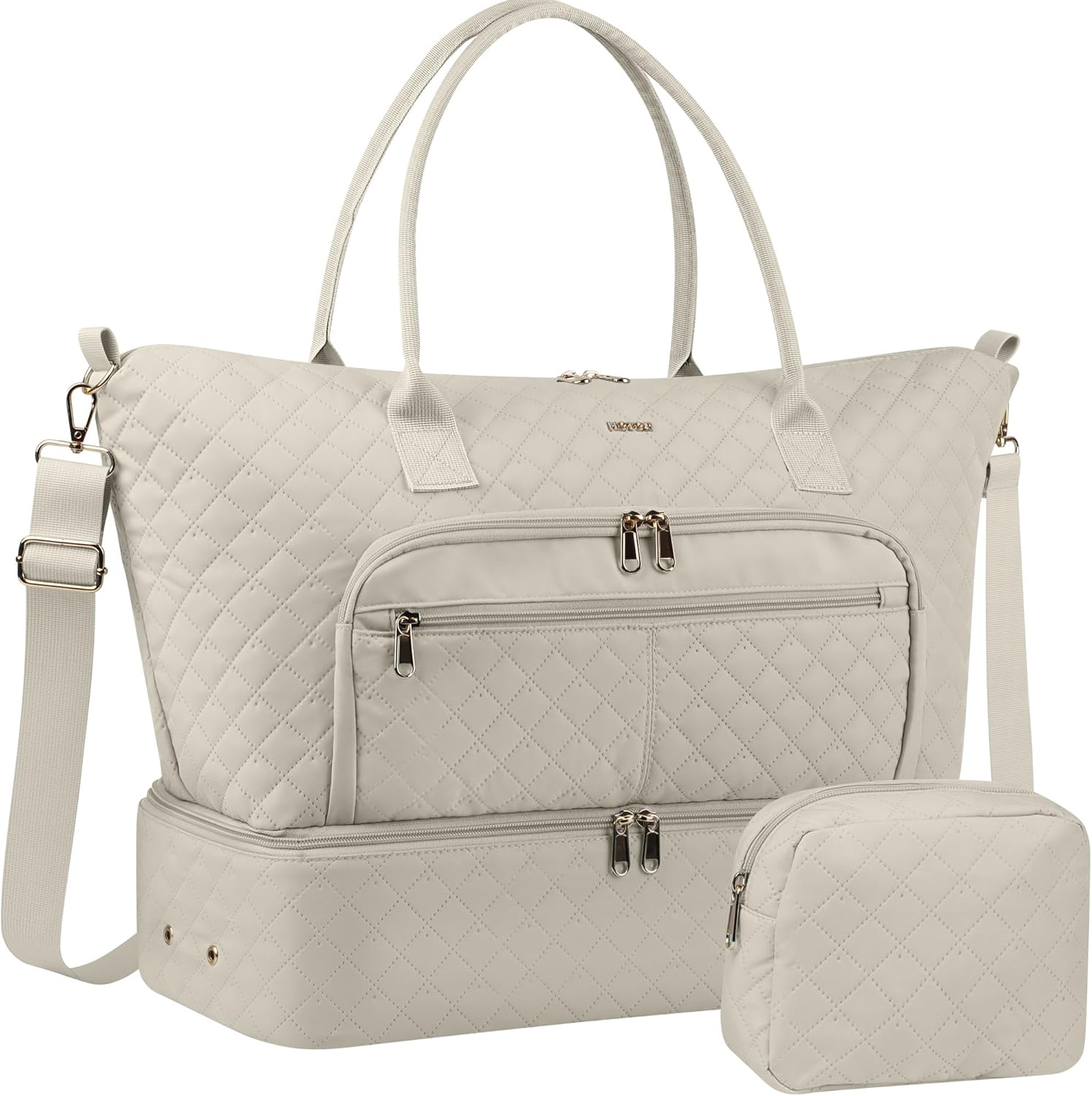 HOTOR Travel Duffle Bag for Women - Carry on Bag with Toiletry Pouch & Shoe Compartment, Large Overnight Weekender Bags for Gym, Business Trips, Sports and Hospital, Beige, 17.3" x 7.9" x 13.4"