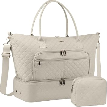 HOTOR Travel Duffle Bag for Women - Carry on Bag with Toiletry Pouch & Shoe Compartment, Large Overnight Weekender Bags for Gym, Business Trips, Sports and Hospital, Beige, 17.3" x 7.9" x 13.4"