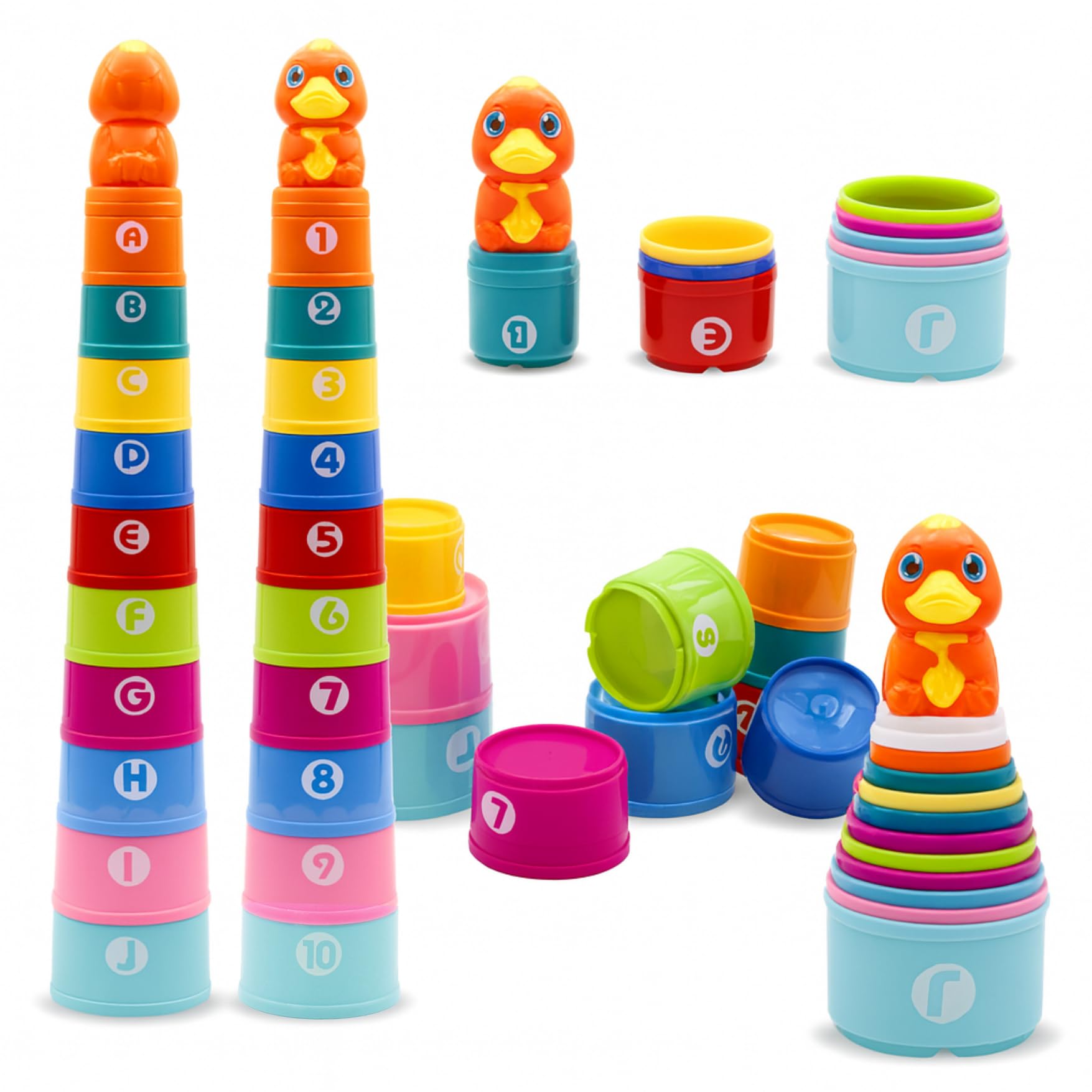 Stackable Cube Set for Babies 1 2 3 4 Years Old Beach and Bath Toys – 10 Coloured Cubes with Letters and Numbers – Montessori Stackable Tower – Children's Educational Toy BPA Free