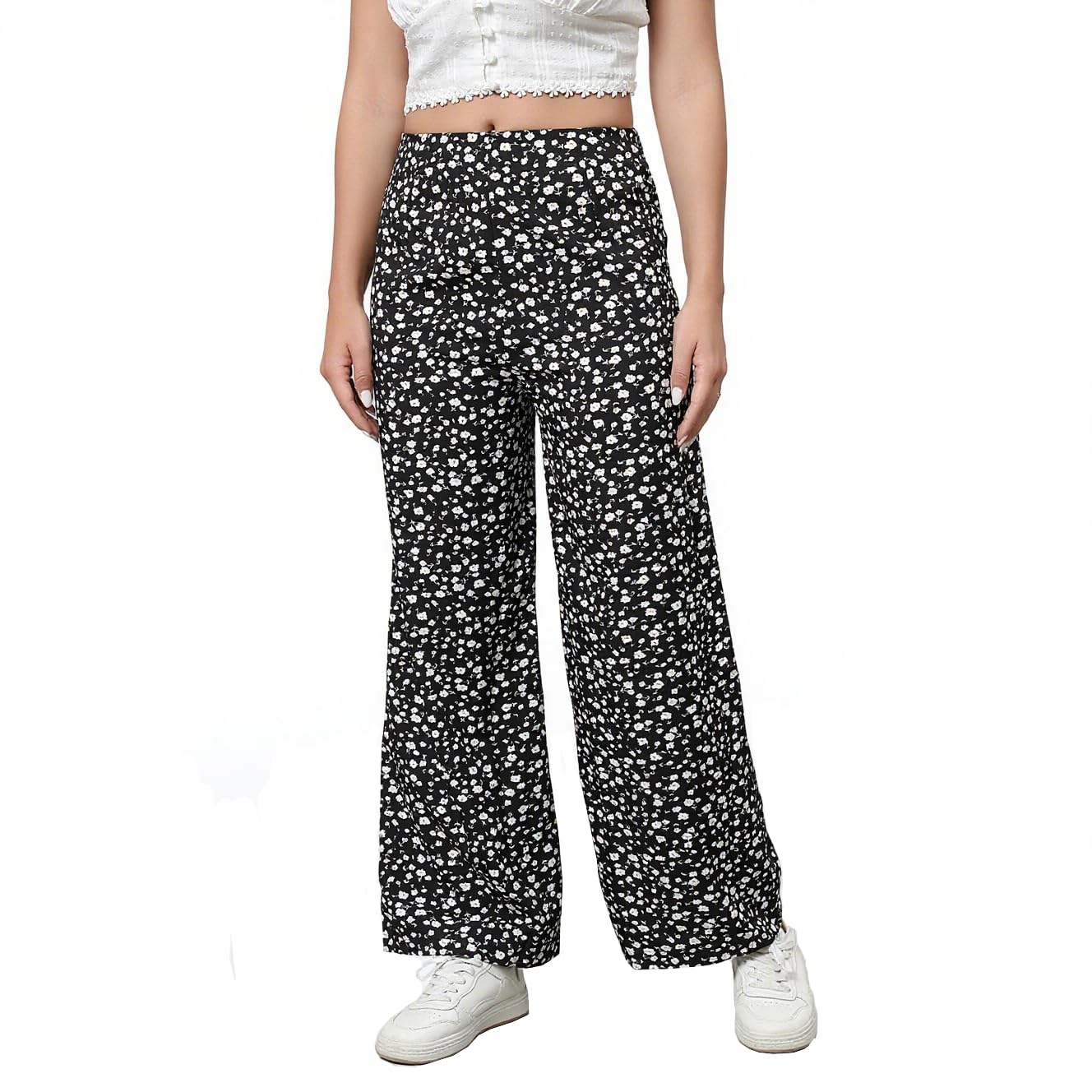 Womens Casual Court Pant High Waisted Elastic Loos Fitting Wide Leg Pants Elastic Waist Print Pants
