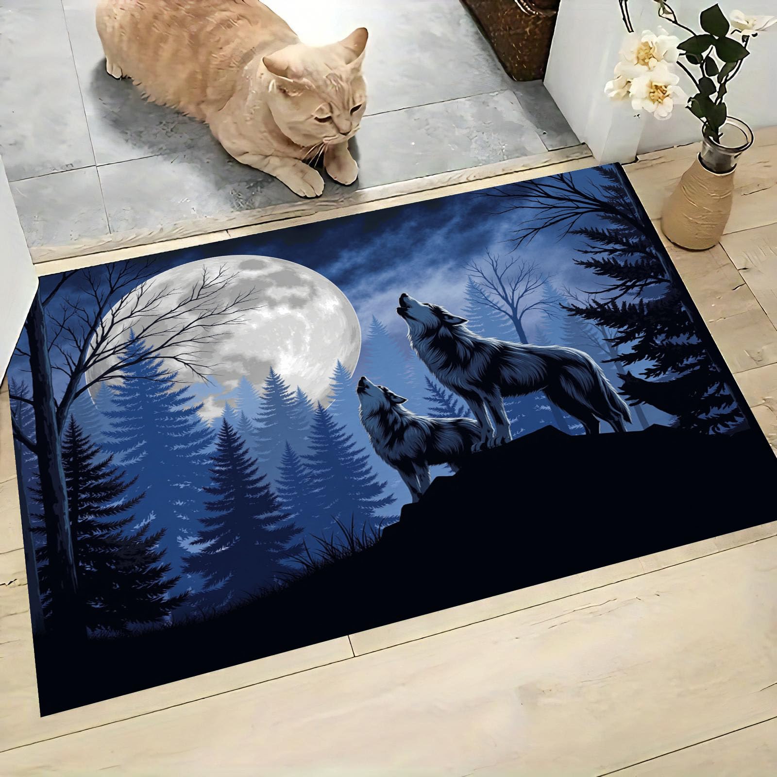 Tapis de porte loups forêt mystique lavable 60x90 cm bleu