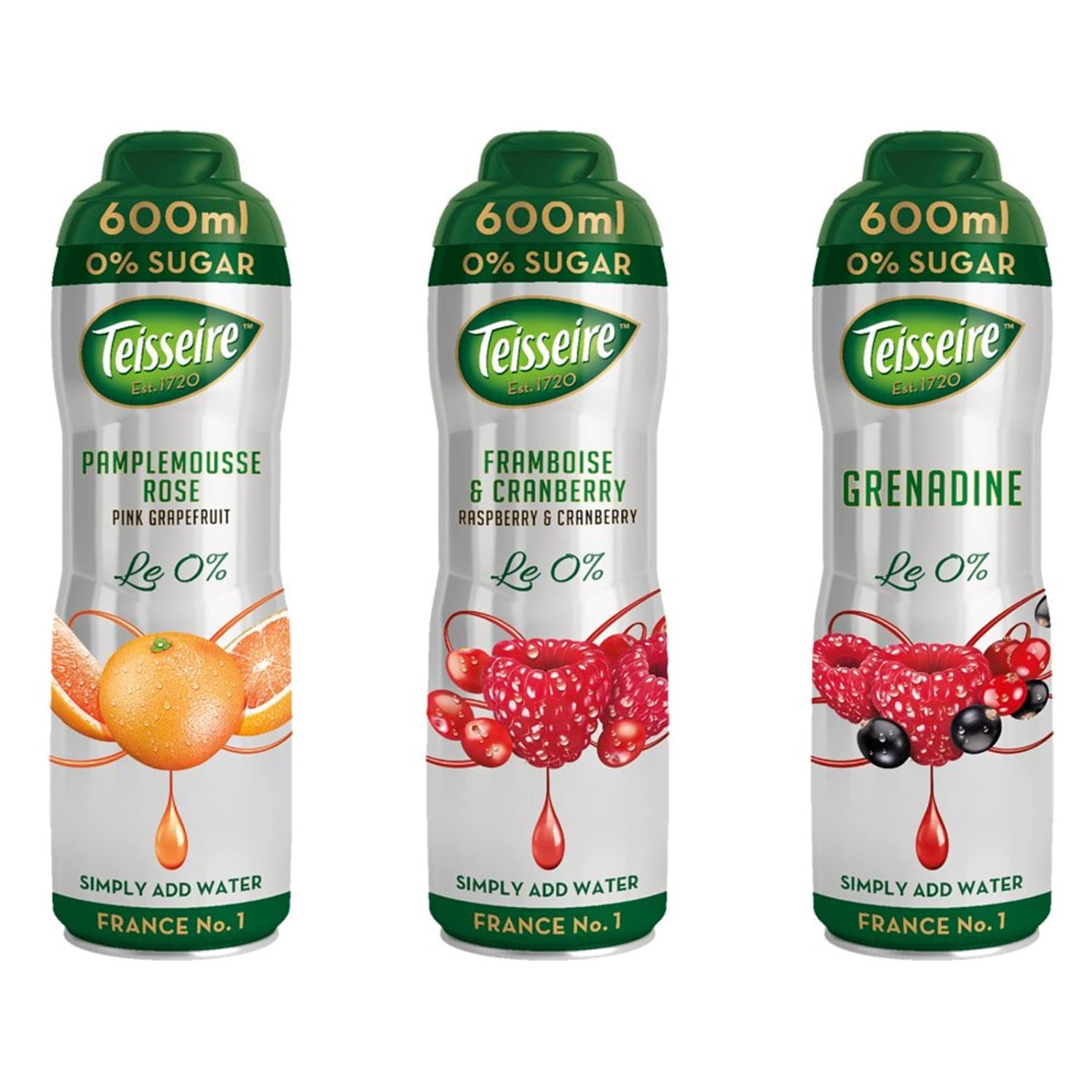 Multiple Teisseire 0% Sugar Syrup Grenadine Variety Pack - Pink Grapefruit, Raspberry & Cranberry, and Sirop Grenadine - Low Calorie Cordial - 3 x 600 ml
