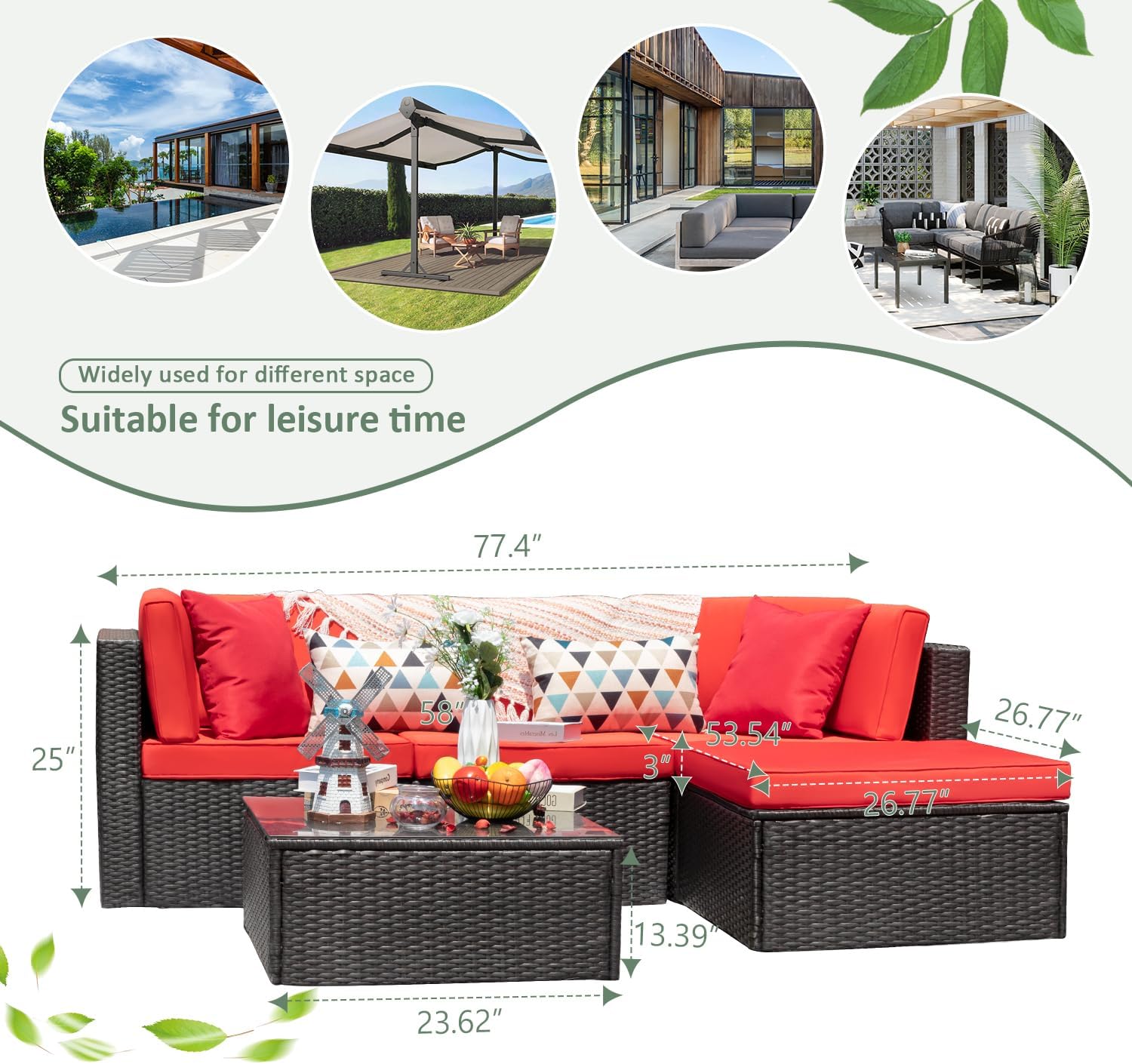 Detailed dimensions of the Devoko 5-Piece Patio Furniture Set, showing length, width, and height of individual components.
