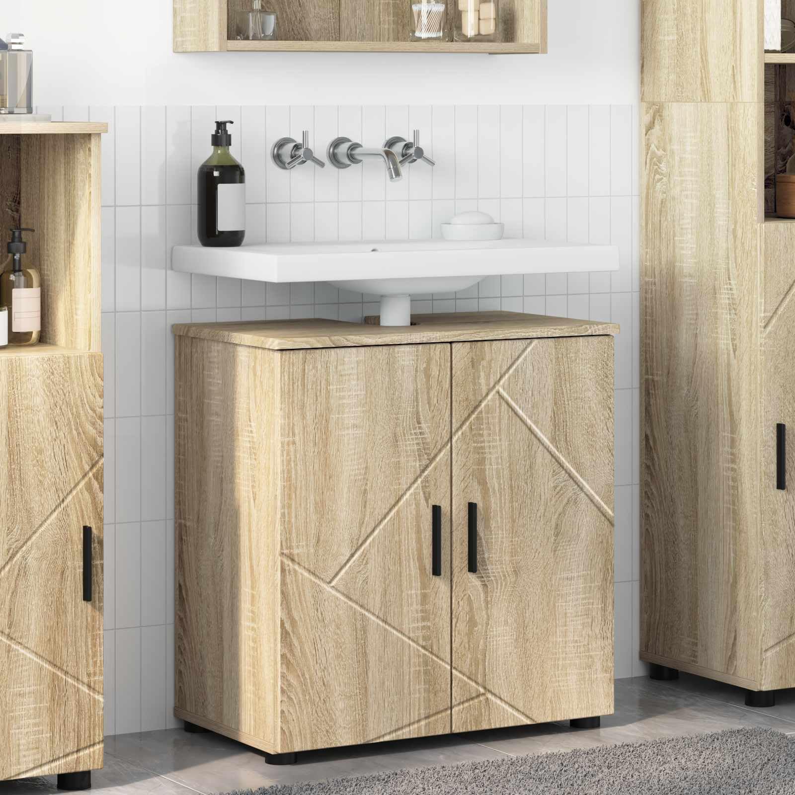 Armoire de salle de bain en chêne Sonoma avec espace de rangement 61 x 35 x 64 cm, bois et métal, autonome avec 2 portes, meuble bas polyvalent pour salle de bain, WC d'invités, rangement et