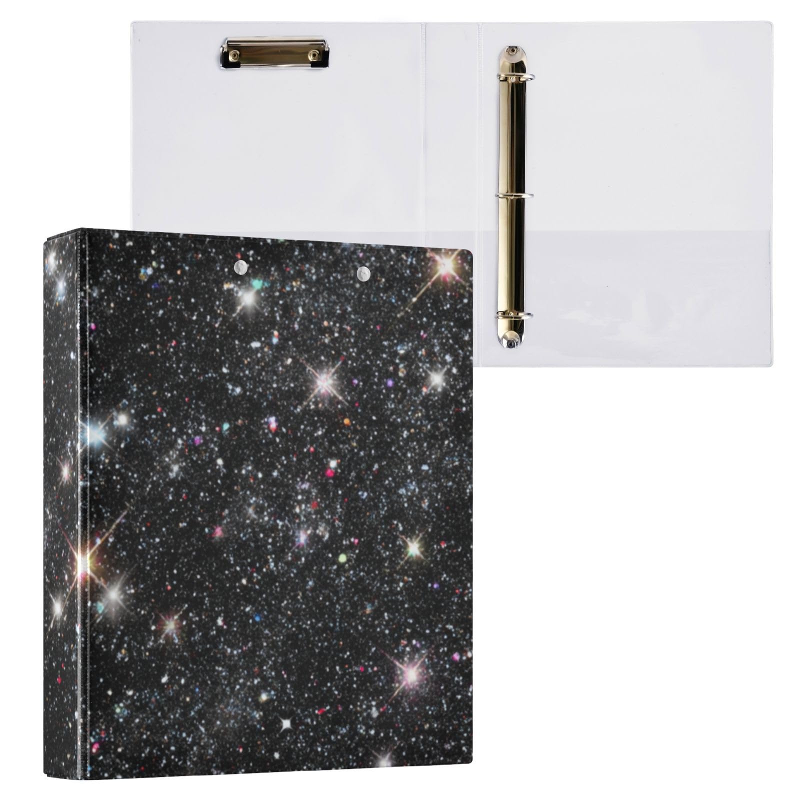 Classeur à 3 anneaux ronds à paillettes noires brillantes de 3,8 cm avec porte-bloc pouvant contenir 200 feuilles pour bureau, maison, école