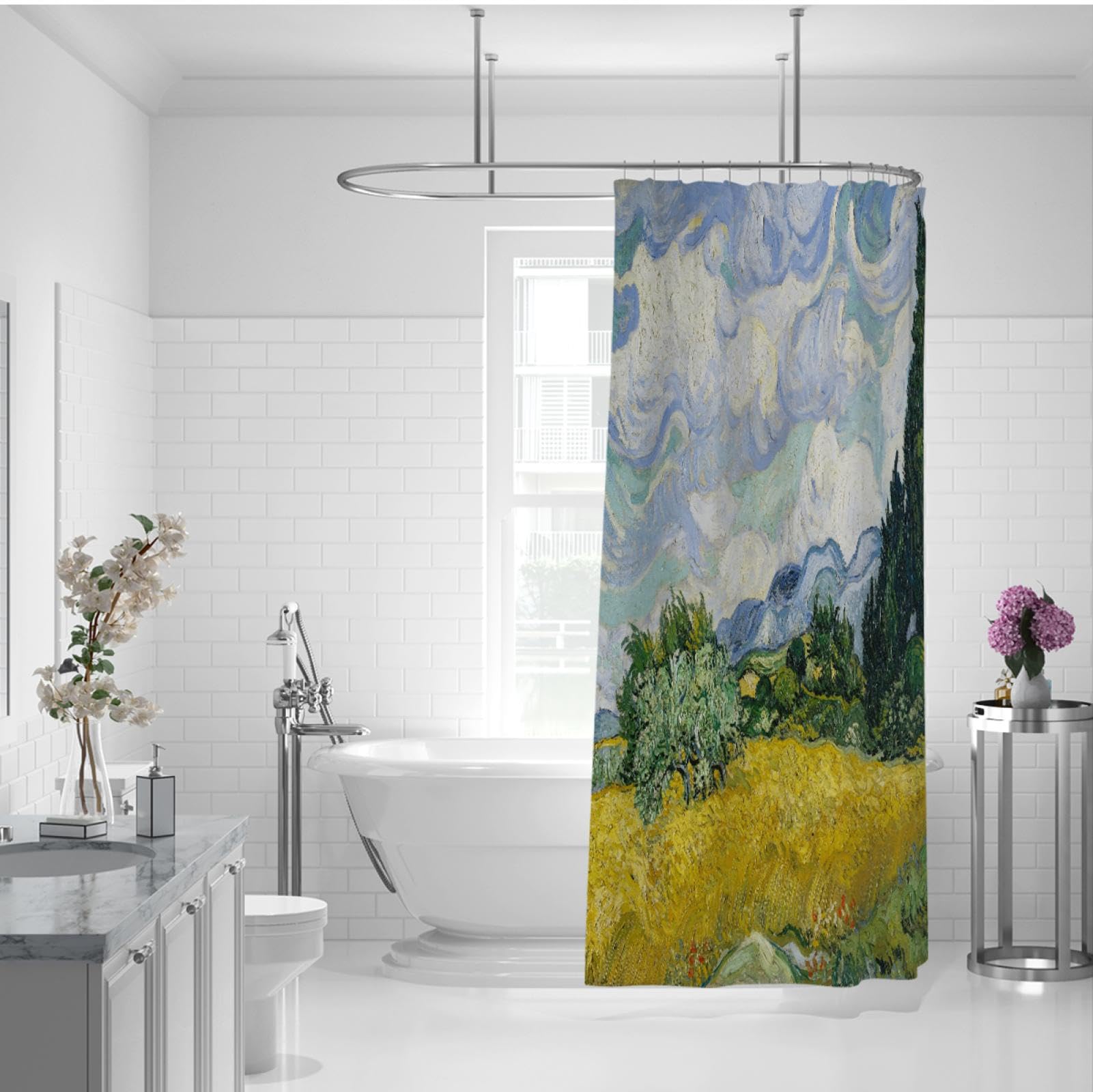 Peinture à l’Huile Style Rideaux de Salle de Bain Champ de blé avec des cyprès Peintures célèbres Estampes Doublure de Rideau de Douche avec Crochets en Forme de C W180xL200(cm)