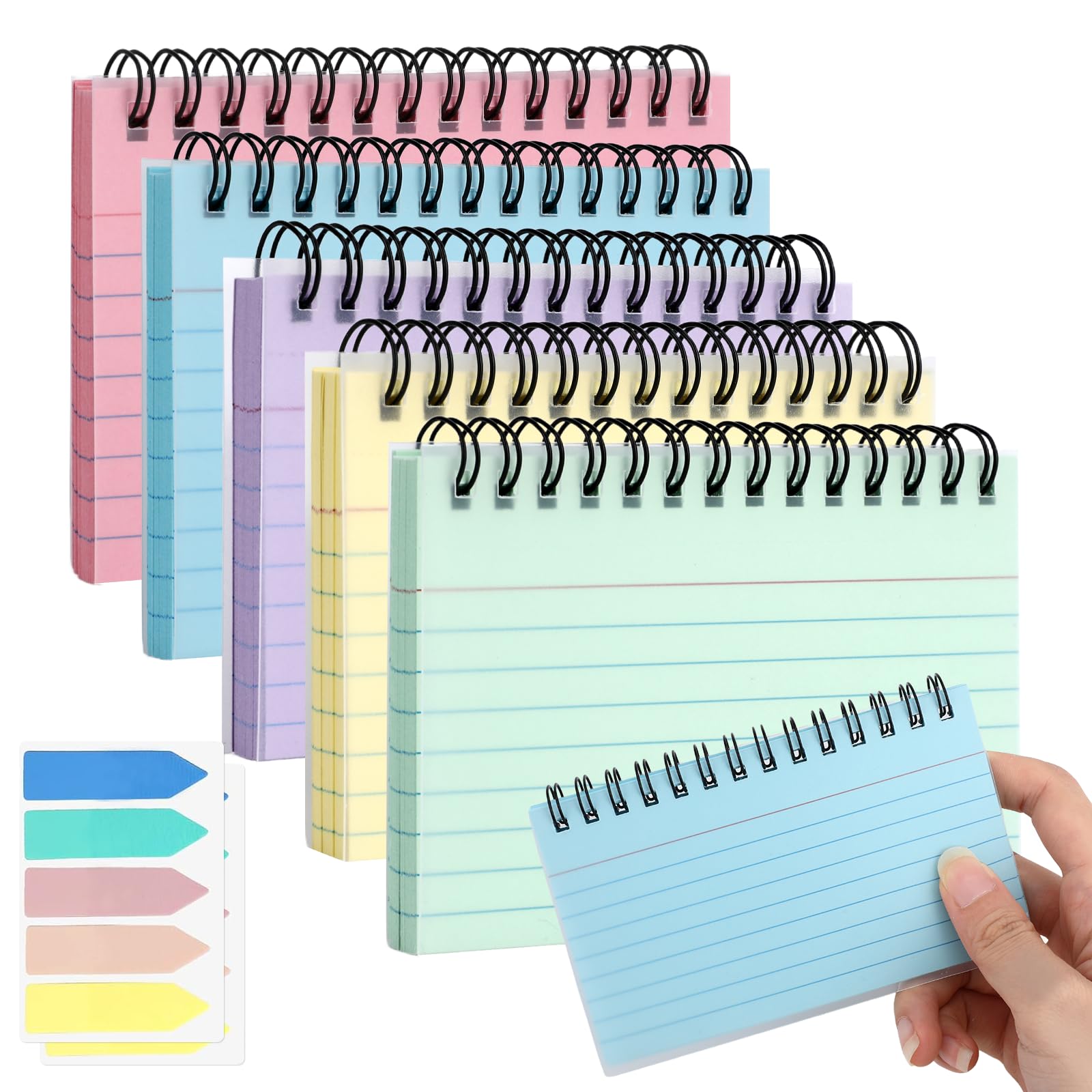 250 sztuk kart indeksowych w linię 5 kolorów, duże kolorowe kartki indeksowe do nauki dla dzieci, karty spiralne Back to School Clean Girl z przezroczystą pokrywą 12,5x7,5 cm, karty indeksowe z 200