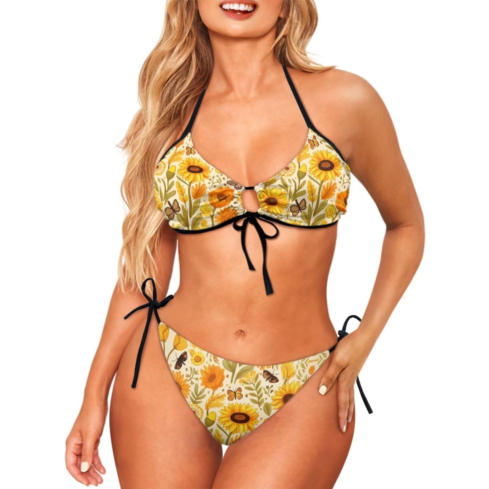 Flashideas Sunflower Butterfly Two Piece Swimsuit for Women Sexy Swimwear Halter String Triangle Bikini Sets Fashion Thong Swimsuit Bathing Suit Gifts for Friends and Sisters