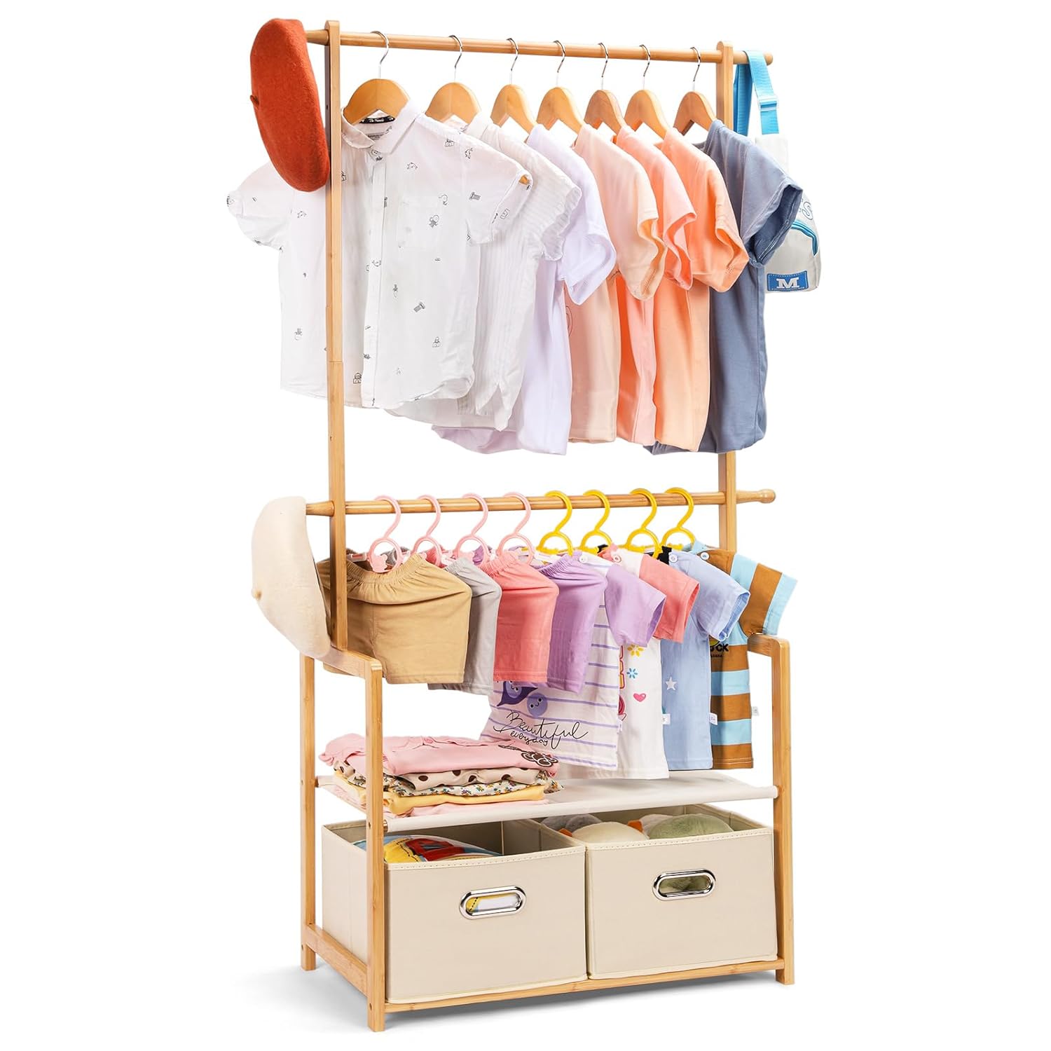 Kids Clothing Rack Bamboo with 2 Storage Baskets and 2 Adjustable Hanging Rods,Child Garment Holder with Shelf, Dress up Racks for Playroom,Toddlers Bedroom (Natural)