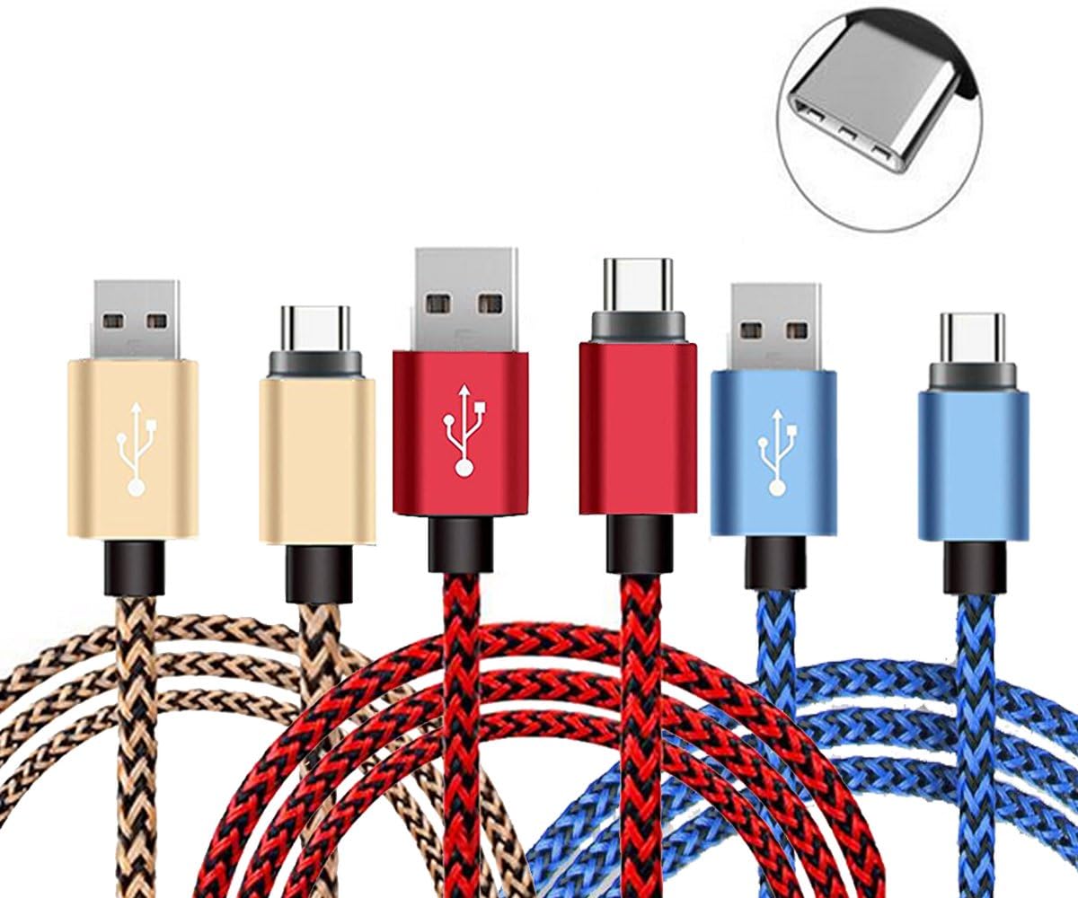 USB Type C Cable, KOMEI Reversible USB-C to USB 3.0 Nylon Braided Cable for LG G5/G6, Galaxy S8/ S8 Plus, Huawei P10 / P10 Plus, Google Pixel/ Pixel XL, Xiaomi mi5 and More (3ft Blue+Red+Gold)