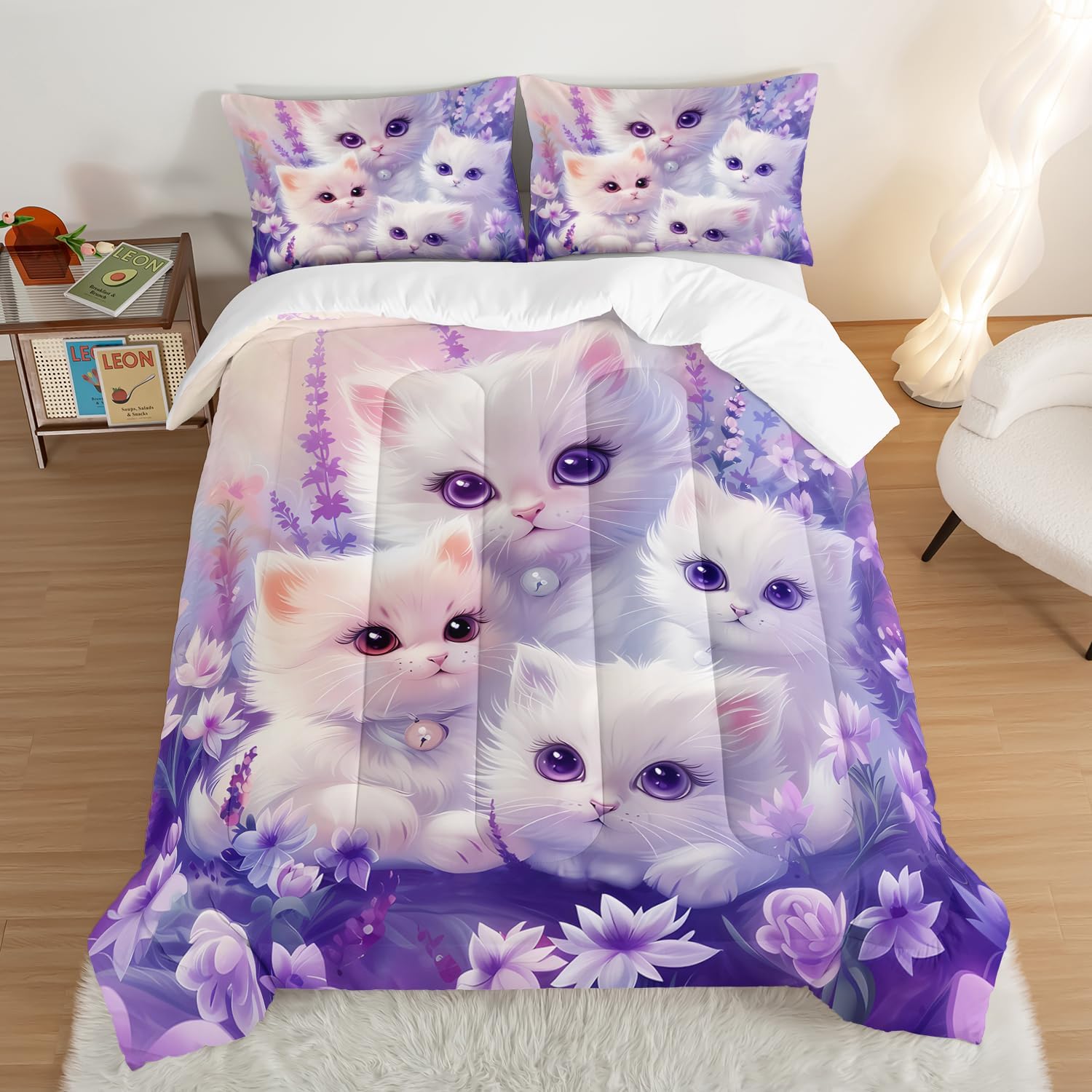 Cat Comforter Set Toddler Bedding Set Twin Size,Floral Bedding Animal Themed Comforter Sets for Kids Girls Bedroom Decor Aesthetic,Cute Kids Bedding Comforter Sets with 2 Pillowcases.