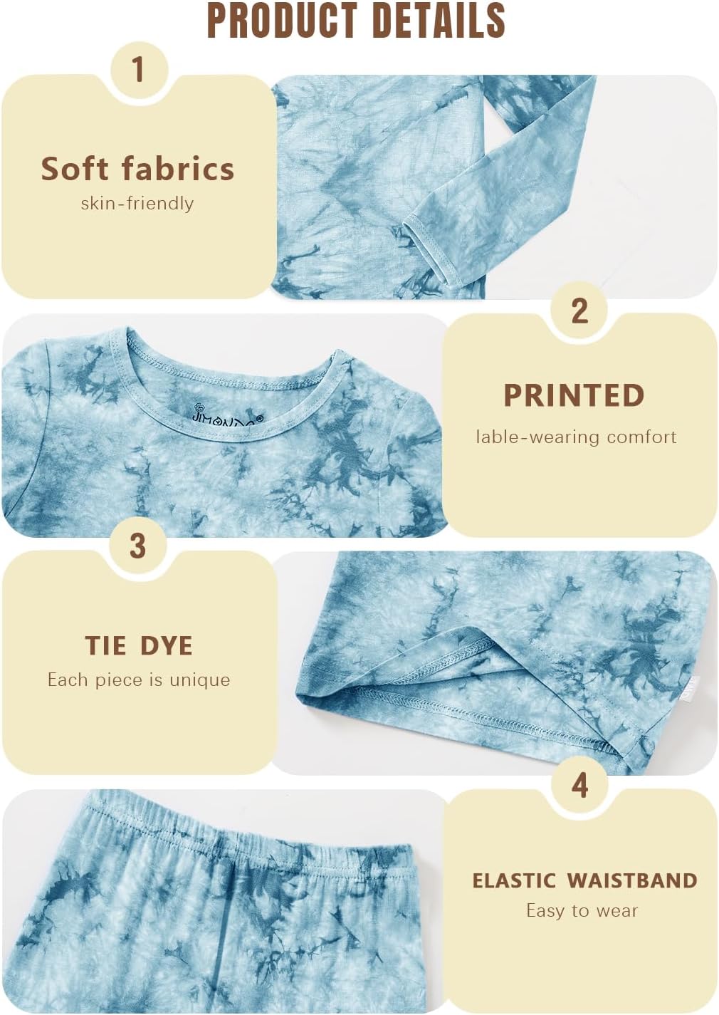 Jimonda Kids Toddler Soft Rayon From Bamboo Pajamas Long Sleeve Boys Girls Sleepwear Outdoor 4pcs Set Tops&Pants Tie Dye Pj - Image 6