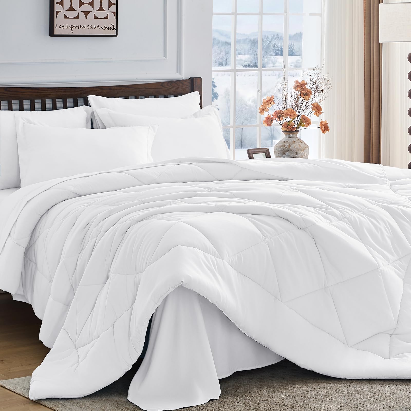 HEVUMYI White Queen Comforter Set - 7-Piece All Season Bed in a Bag Queen, Ultra Soft Bedding Set with Comforter, Flat Sheet, Fitted Sheet,
