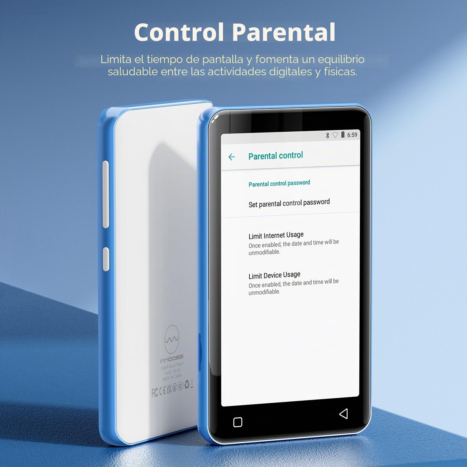 Innioasis 80 GB Reproductor MP3 con Bluetooth y WiFi, Reproductor de música Mp3 y Mp4 ave Spotify, Kids, Tidal, Deezer, Reproductor de vídeo con pantalla táctil de 4 pulgadas, 1080 P(blanco y azul)