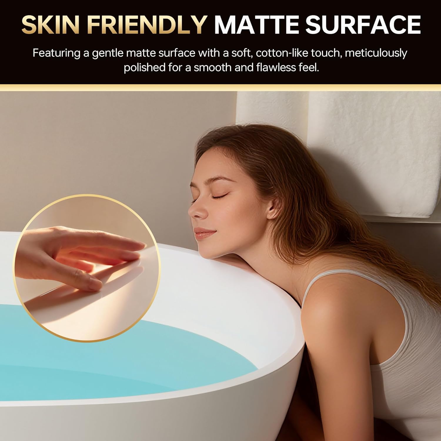 WOODBRIDGE 61" Stone Resin Freestanding Soaking Tub, Modern Oval Solid Surface Bathtub with Integrated Slotted Overflow & Drain, Matte White