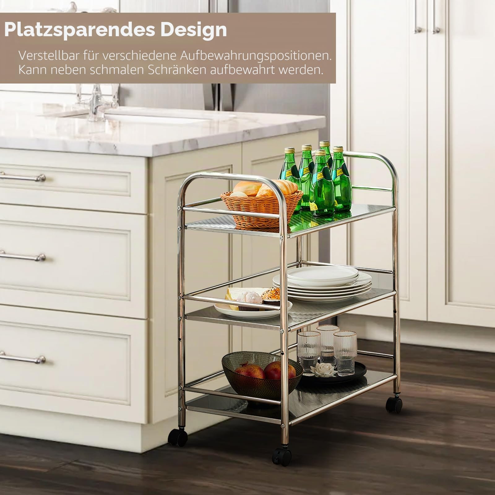 TUKAILAI Servierwagen Edelstahl mit Rollen, Küchenwagen auf Rollen, Nischenwagen mit 3 Regal, rollregal, küchenrollwagen, aufbewahrungswagen, beistellwagen,teewagen,Küche,Silver (35×60×75cm)