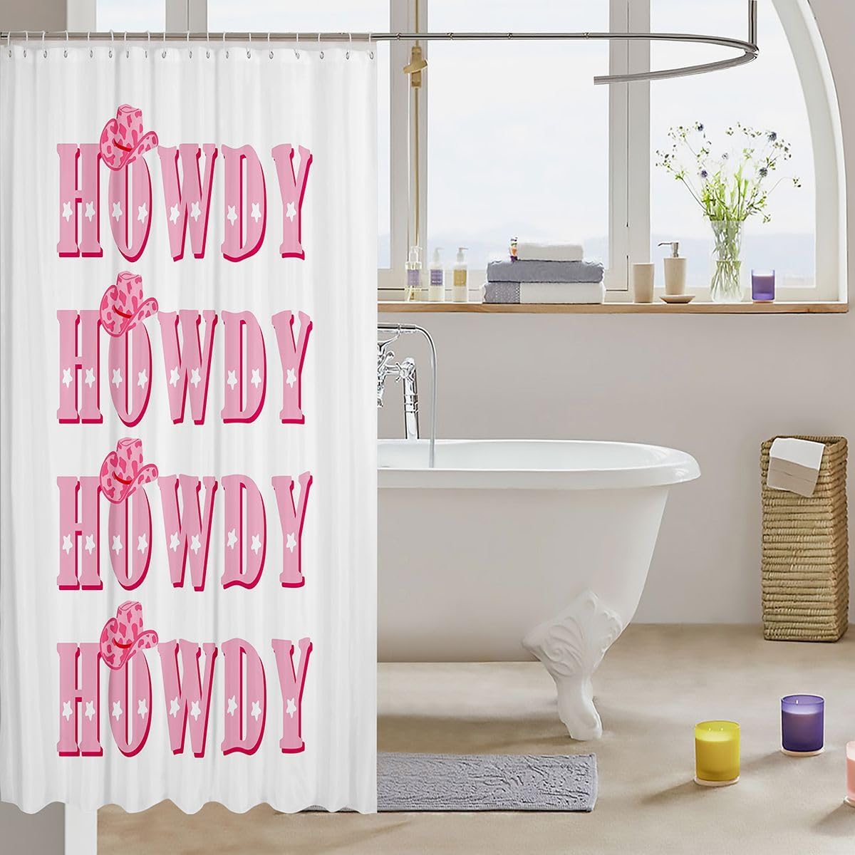 Feelyou Bath Curtain 72"x78" Kids Western Decor Shower Curtain Pink Cow Girl Hat Bathroom Shower Curtain Set for Pink Decor Kids Bathroom Accessories